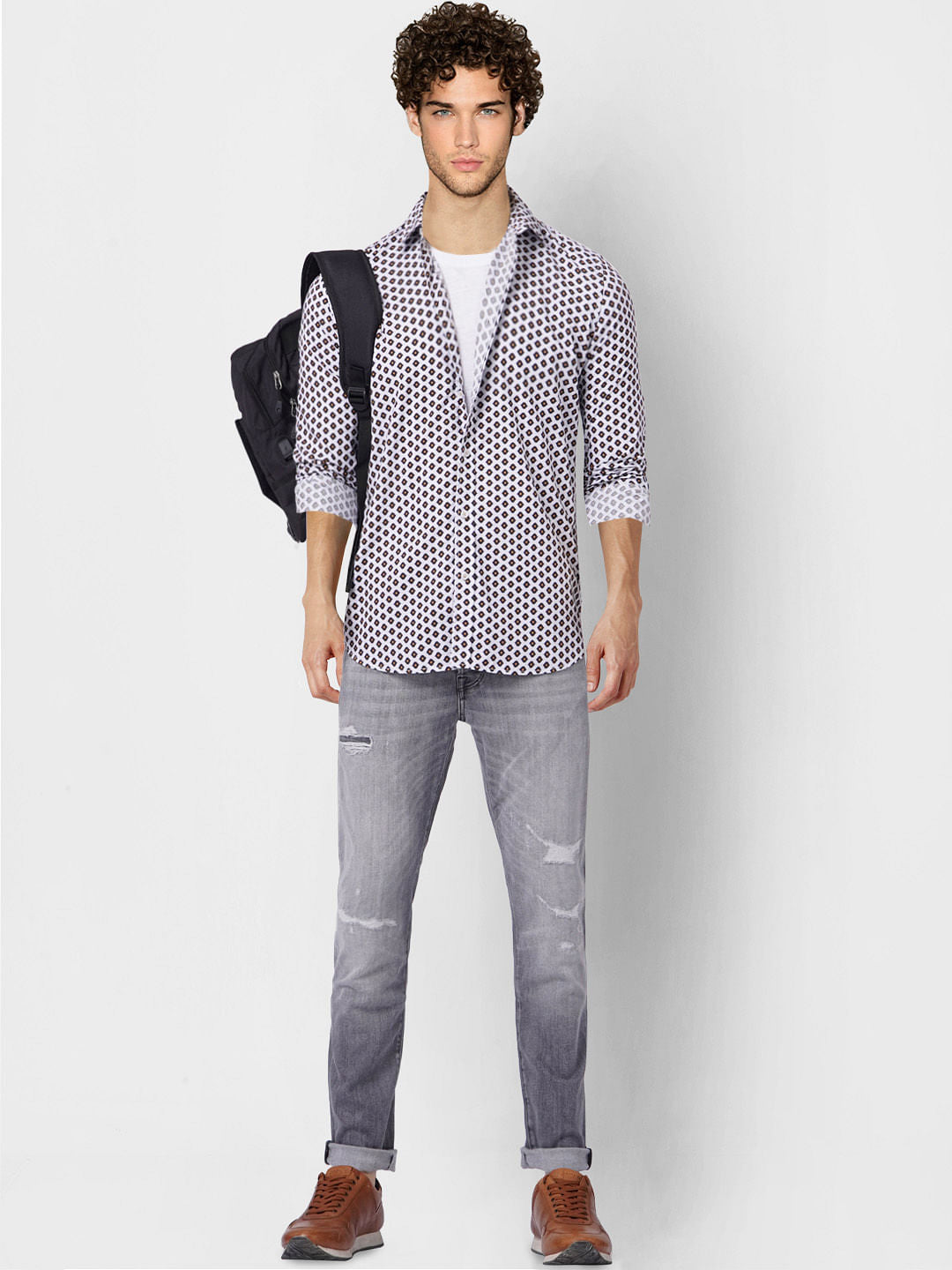 White Printed Full Sleeves Shirt - S