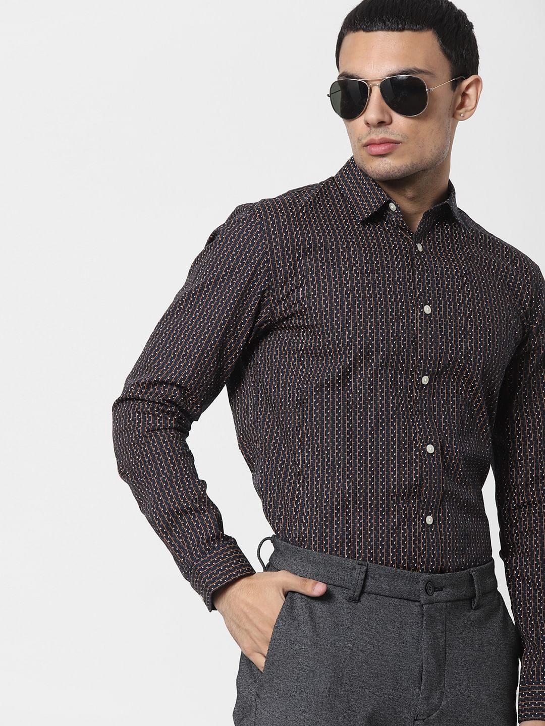 Dark Blue Printed Full Sleeves Shirt - S