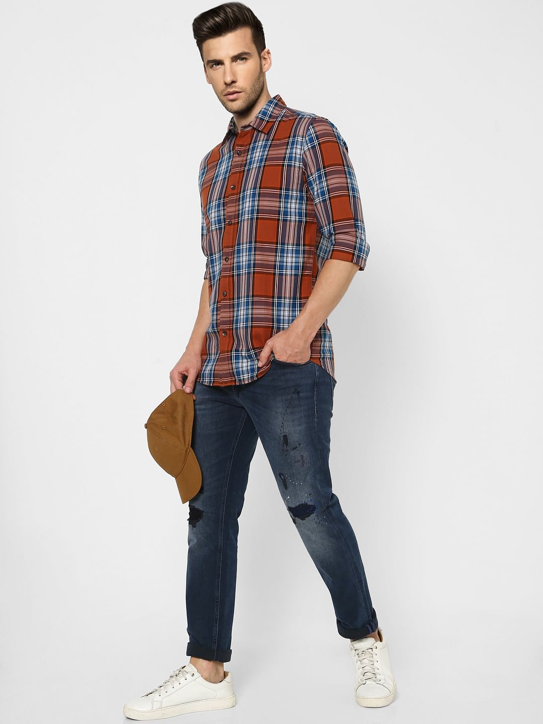 Brick Red Check Full Sleeves Shirt - S