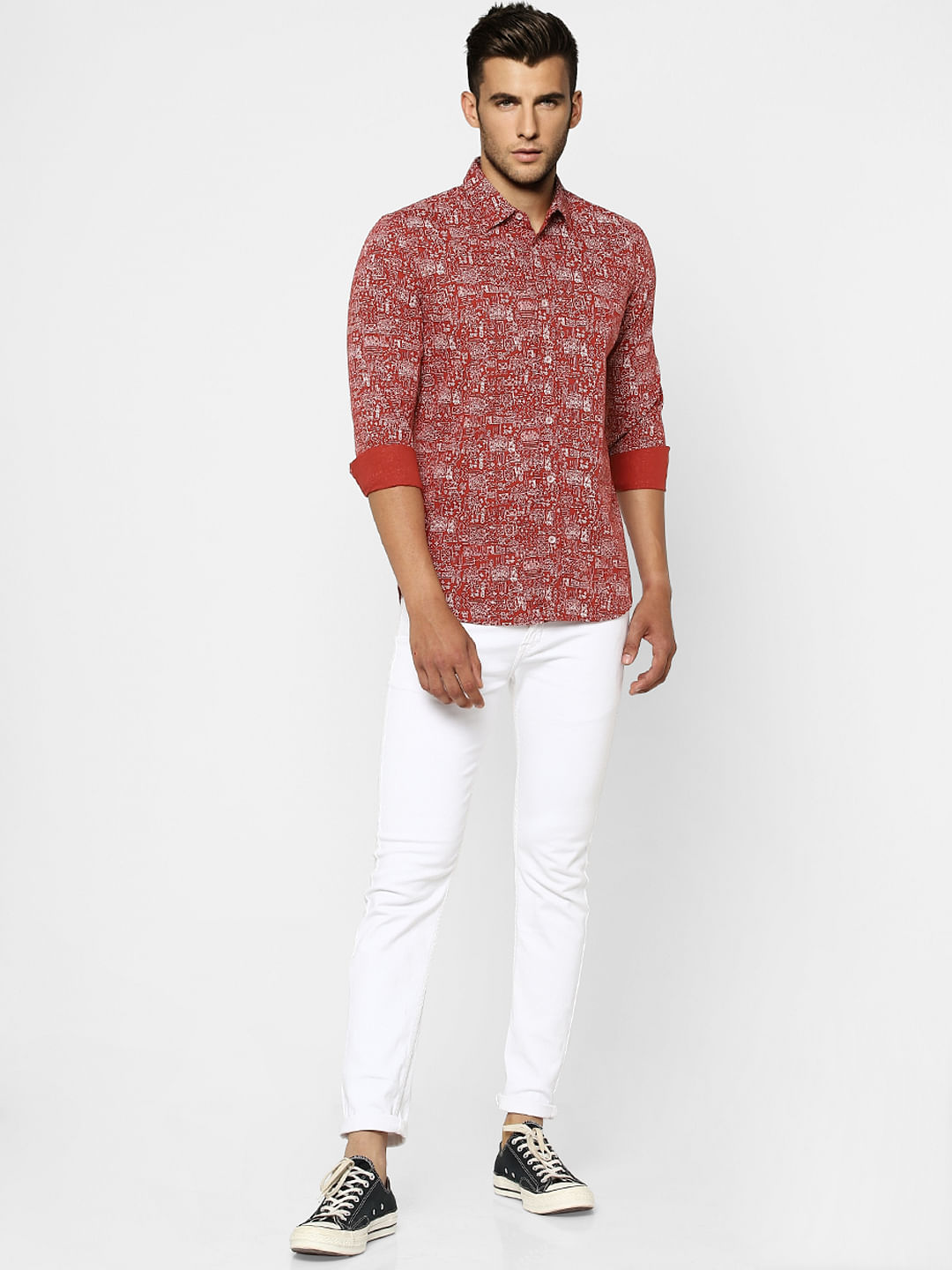 Red Printed Full Sleeves Shirt - S