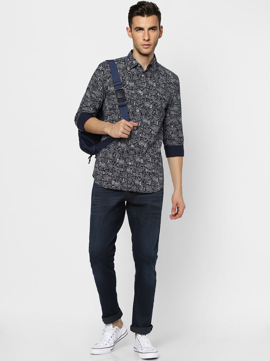 Deep Blue Printed Full Sleeves Shirt - S