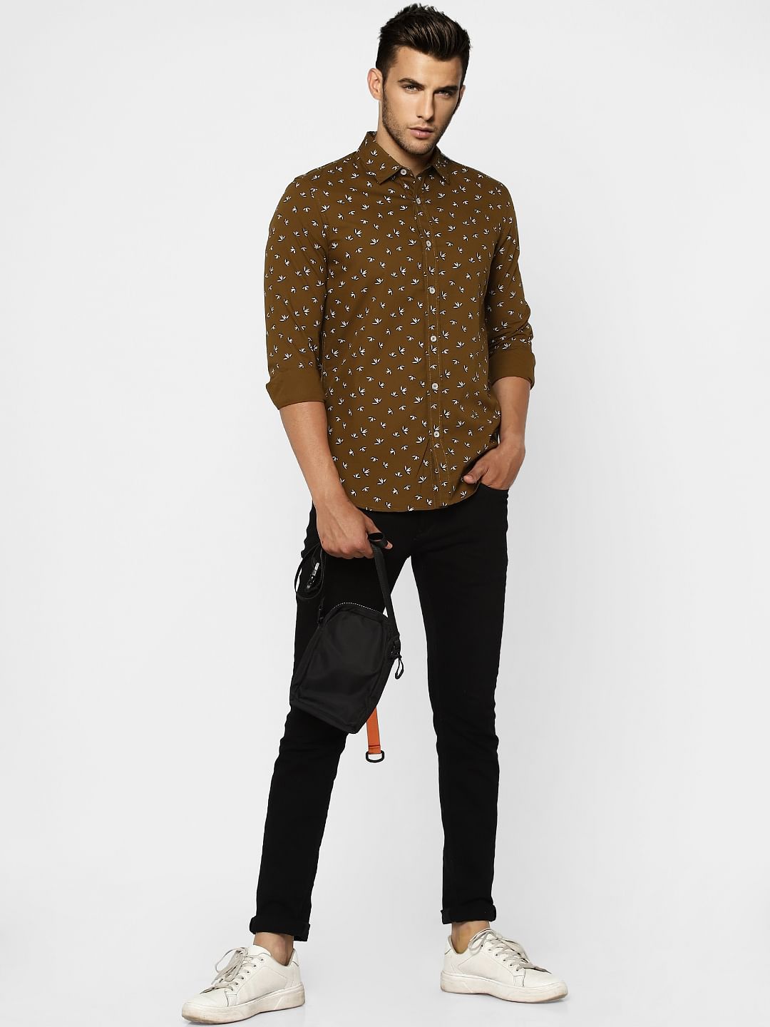 Brown Floral Full Sleeves Shirt - S