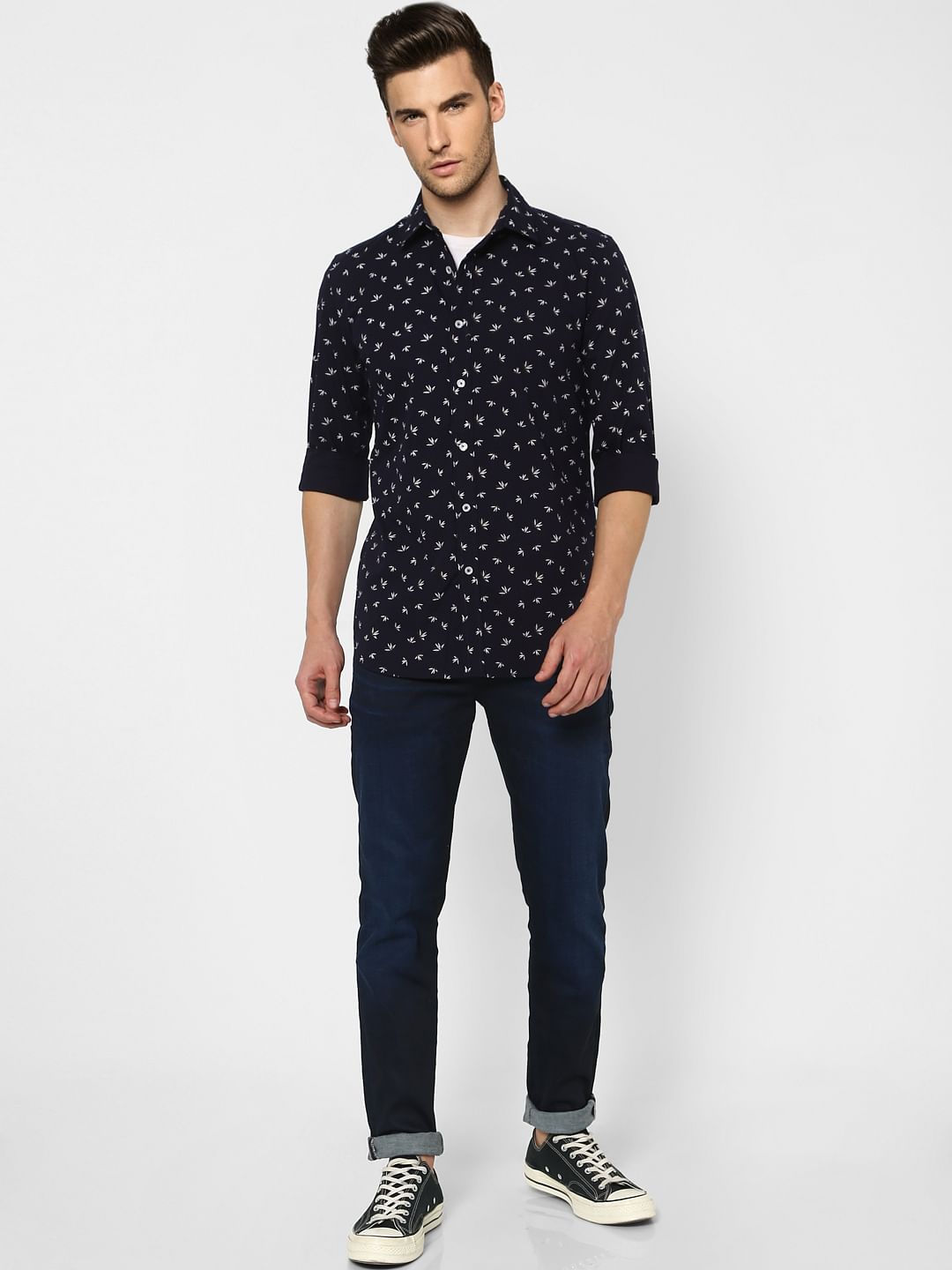 Blue Floral Full Sleeves Shirt - S