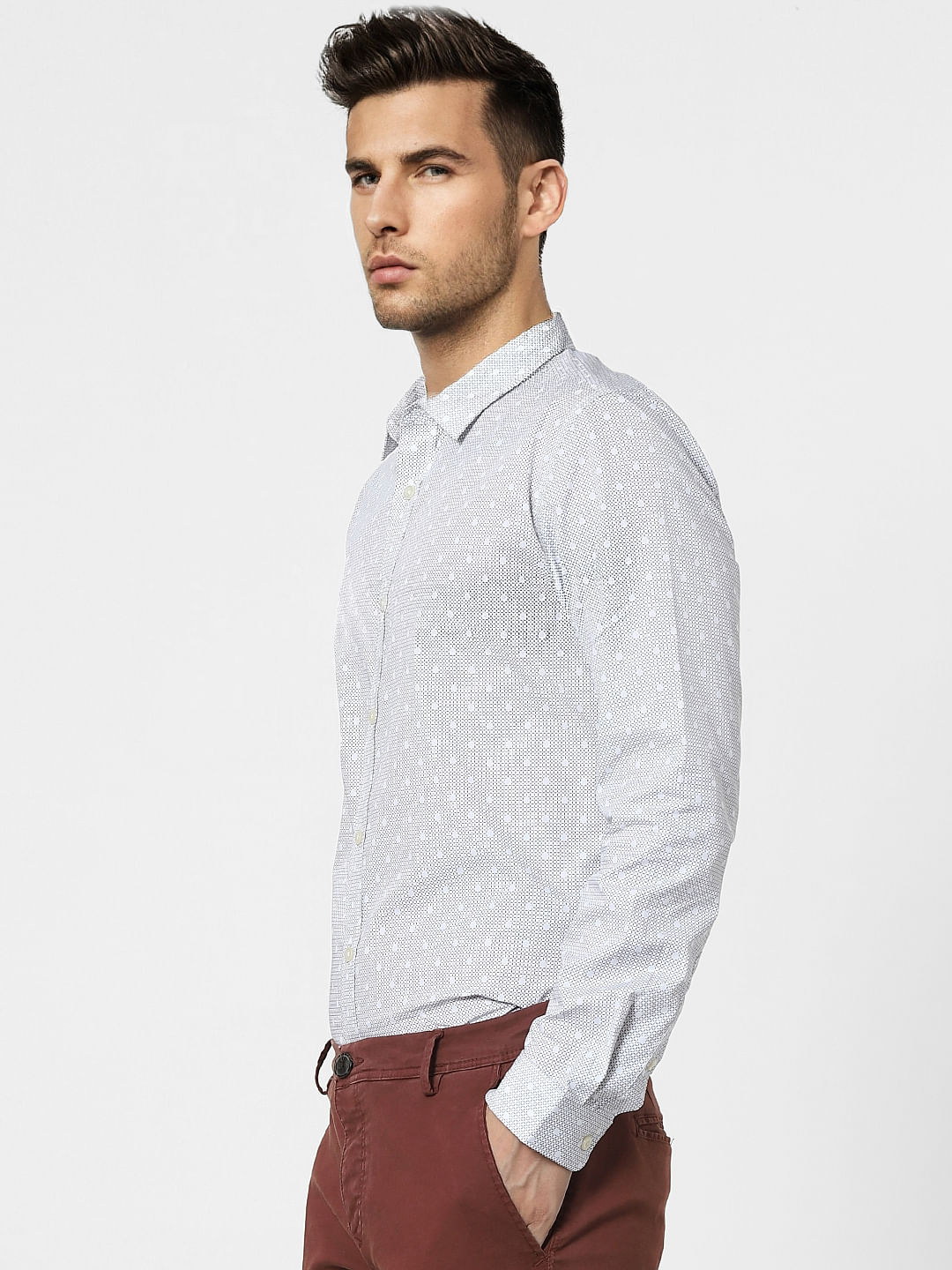 White Printed Full Sleeves Shirt