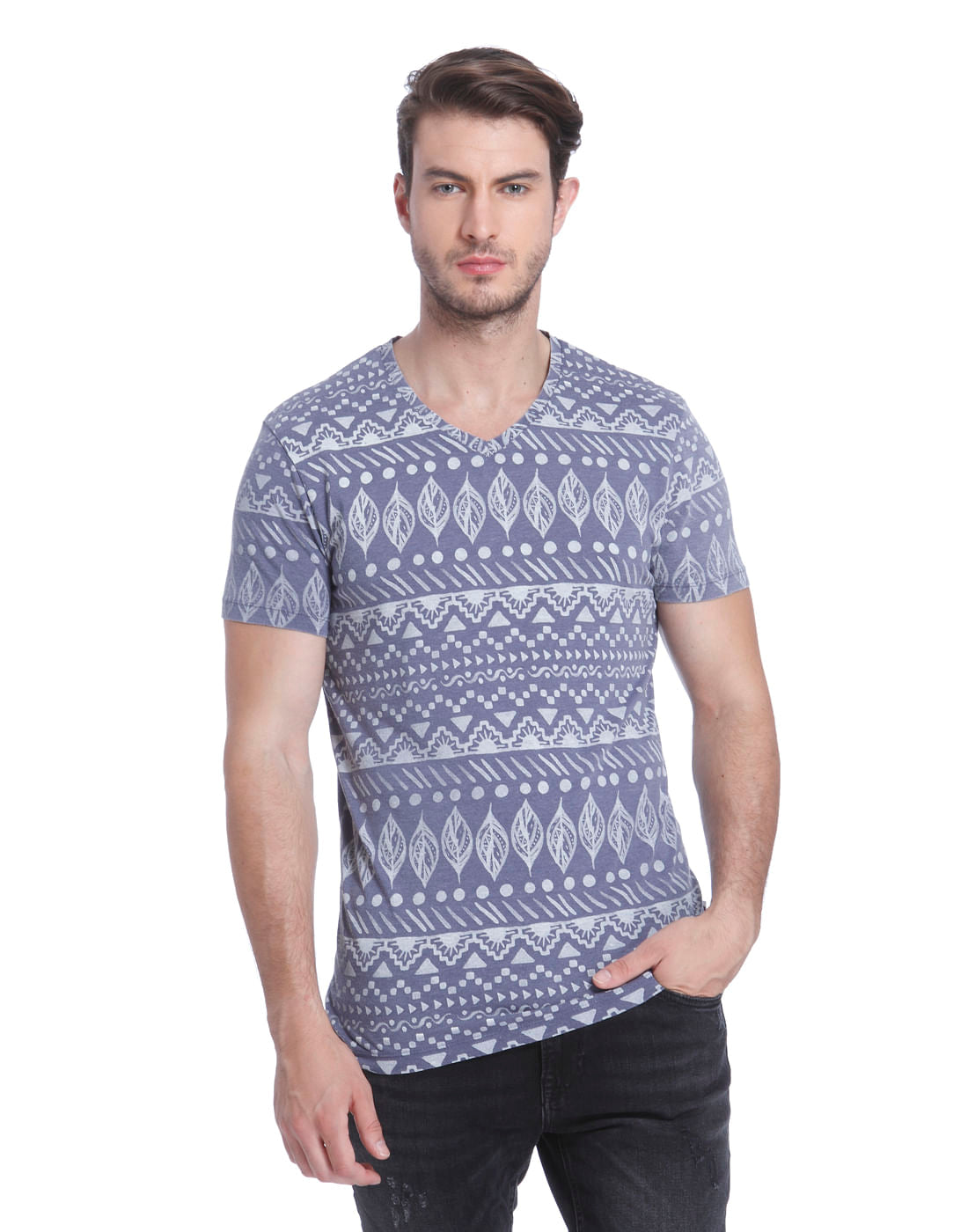 Blue All Over Print V Neck T-shirt - S