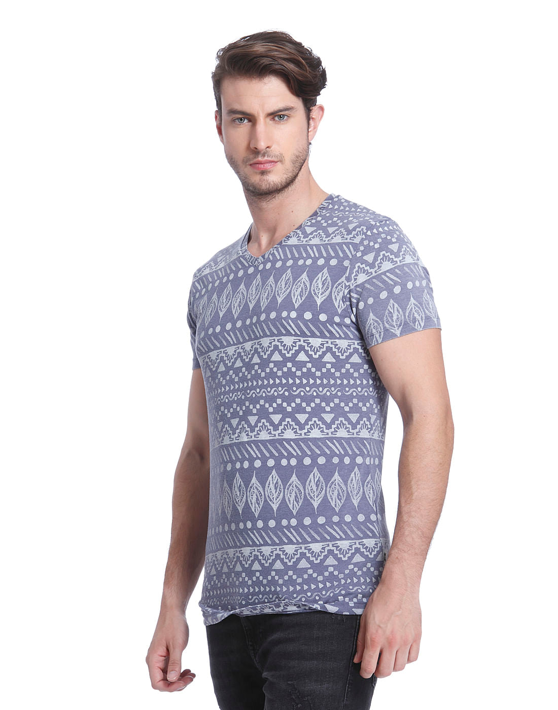 Blue All Over Print V Neck T-shirt