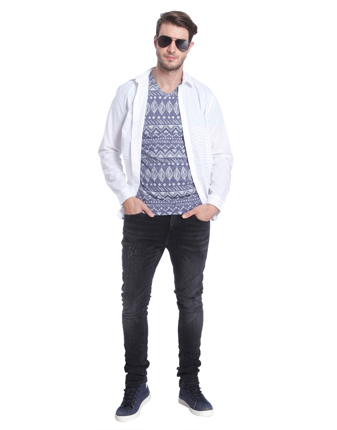 Blue All Over Print V Neck T-shirt
