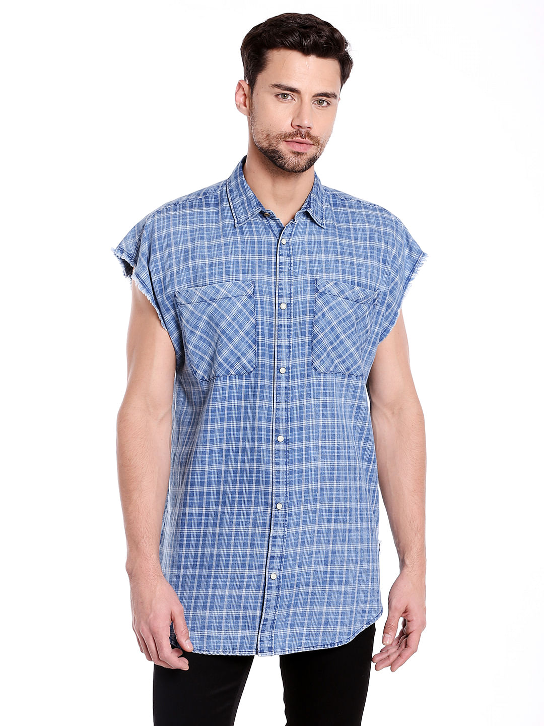 Blue Check Sleeveless Shirt - S