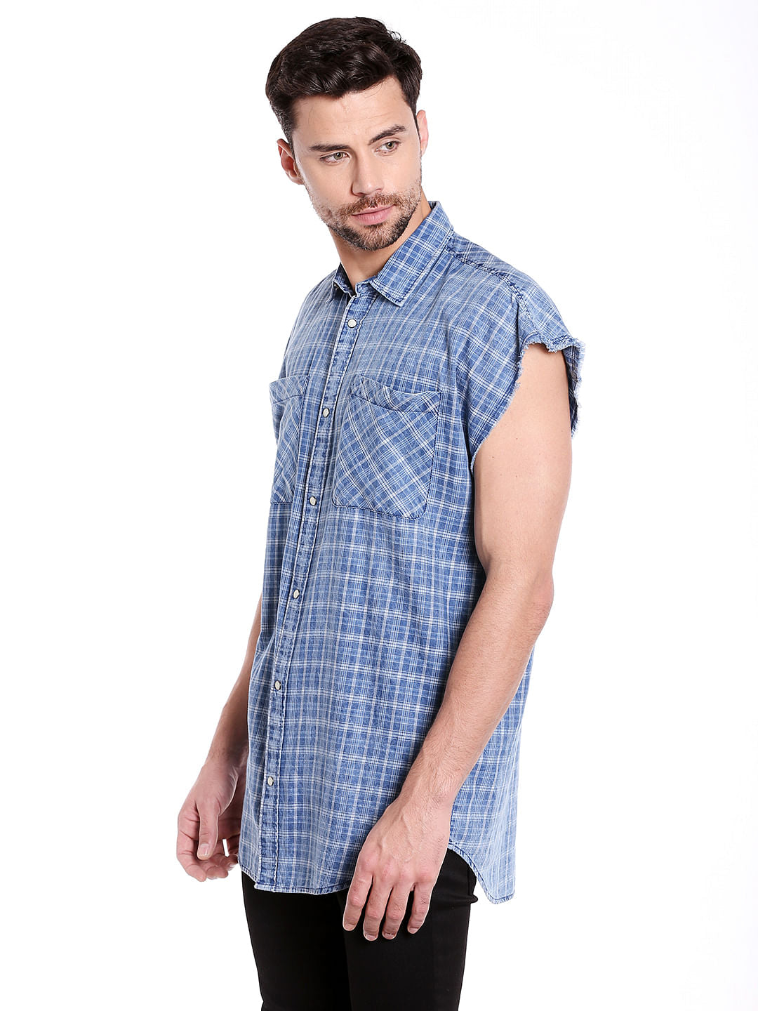 Blue Check Sleeveless Shirt