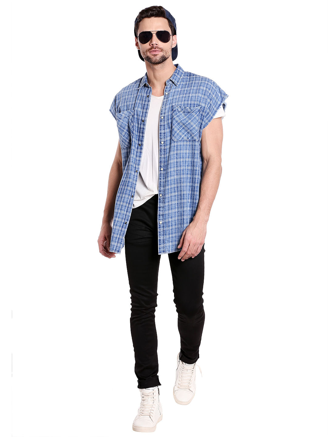 Blue Check Sleeveless Shirt