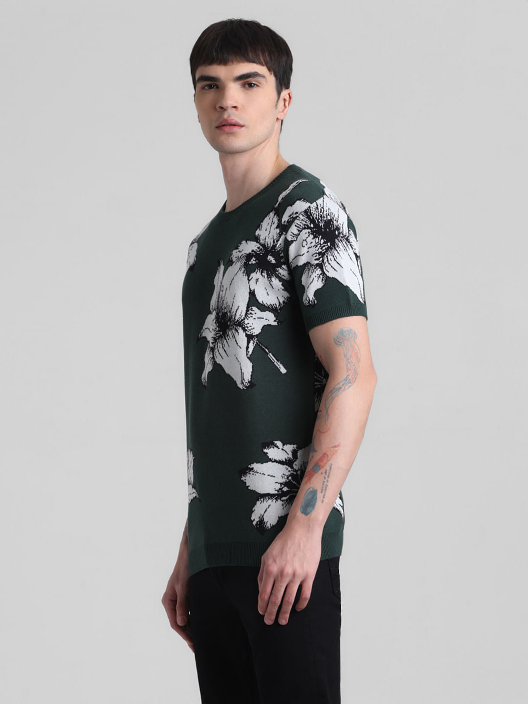 Green Floral Print Knitted T-shirt