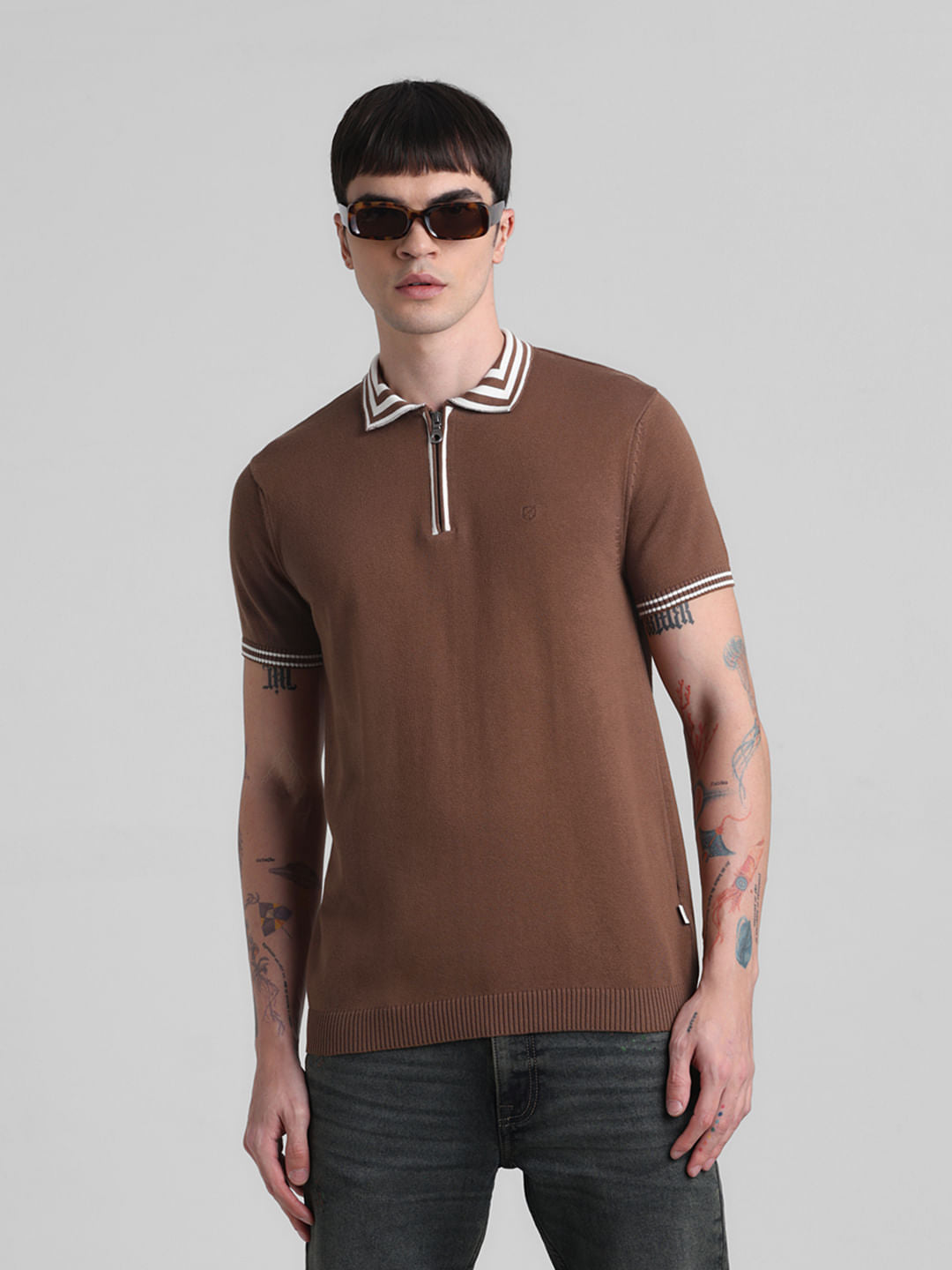 Brown Knitted Polo T-shirt - S