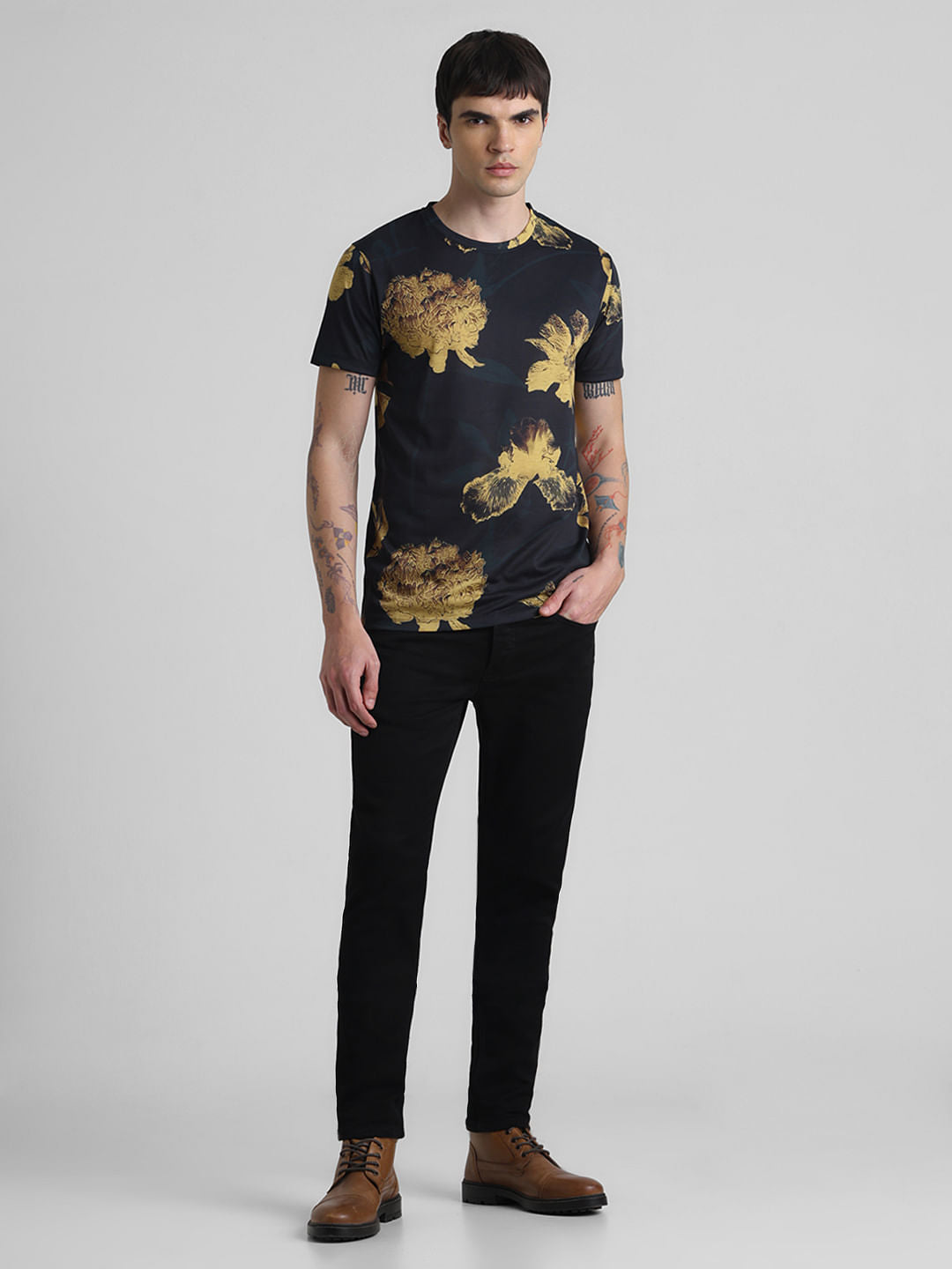 Black Floral Print Crew Neck T-shirt