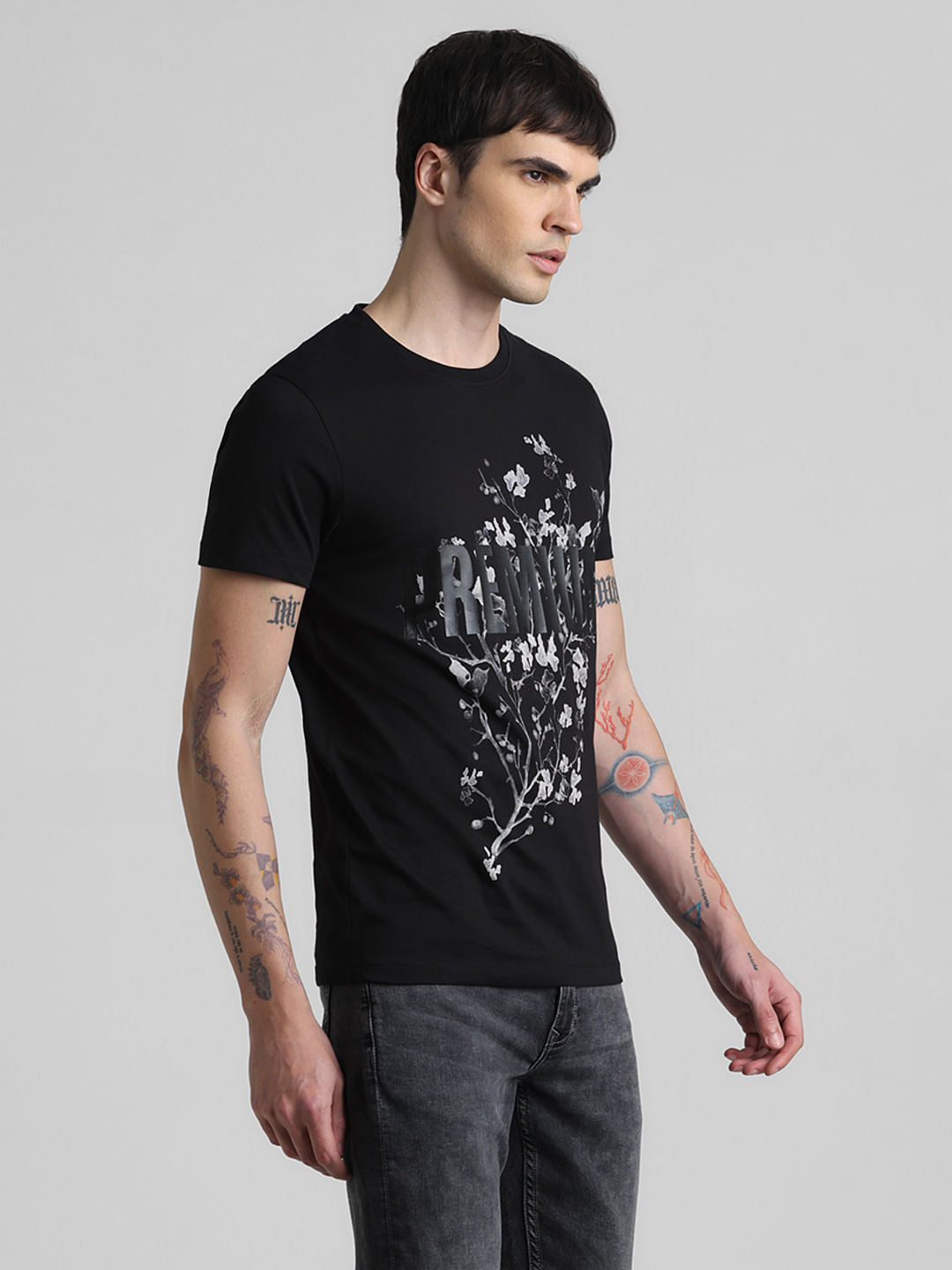 Black Typographic Print Crew Neck T-shirt