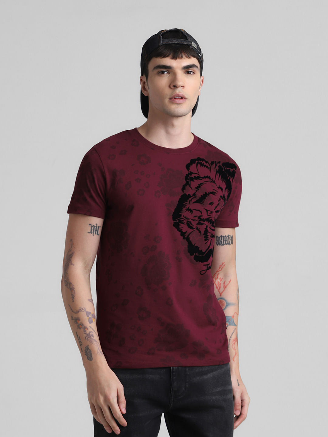 Maroon Floral Print Crew Neck T-shirt - S
