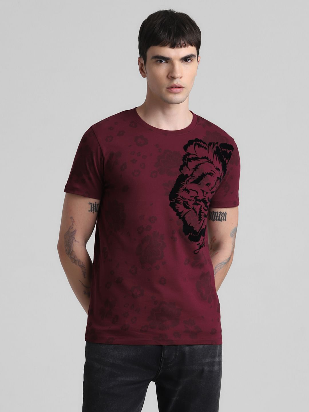 Maroon Floral Print Crew Neck T-shirt
