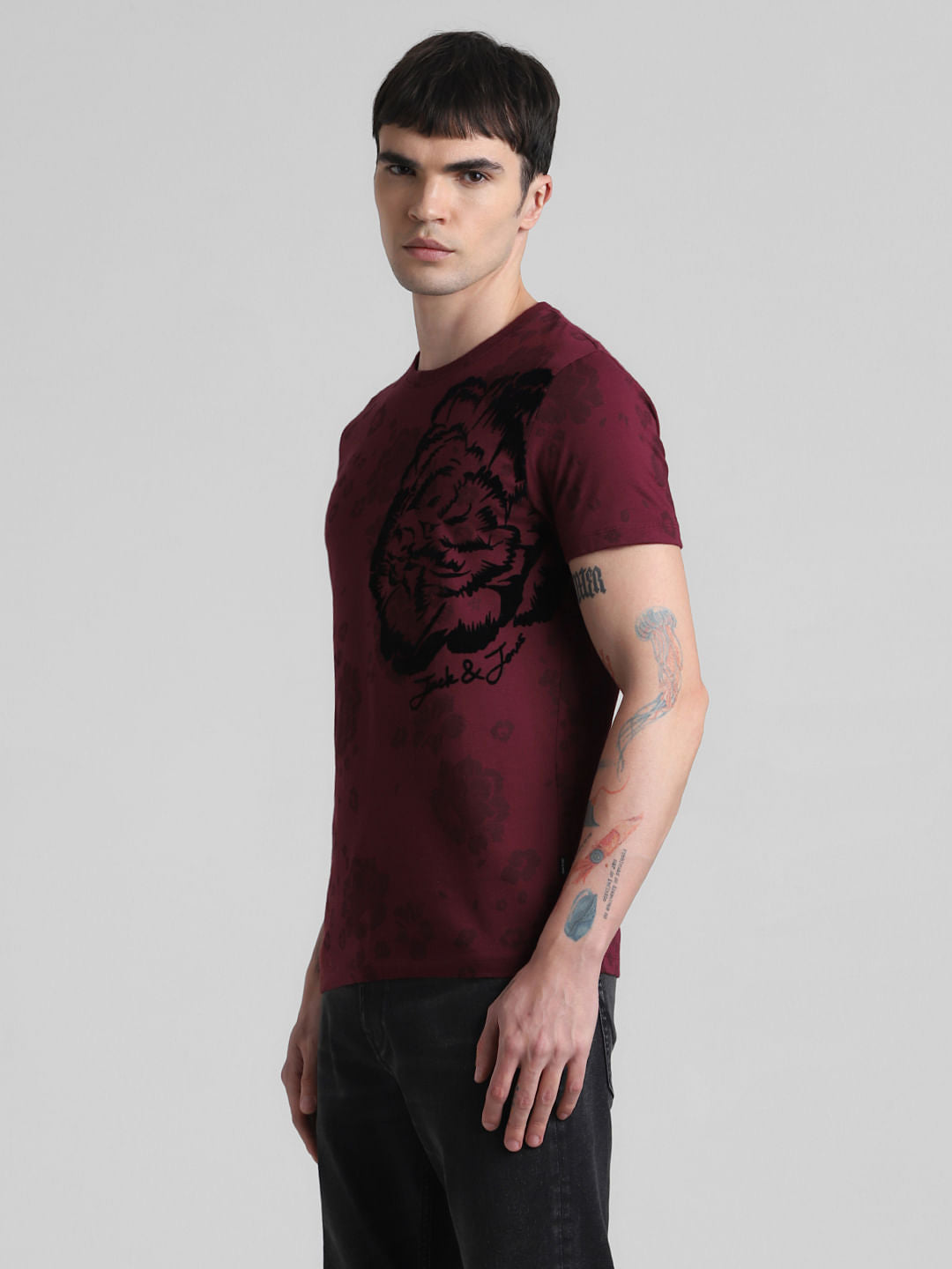 Maroon Floral Print Crew Neck T-shirt