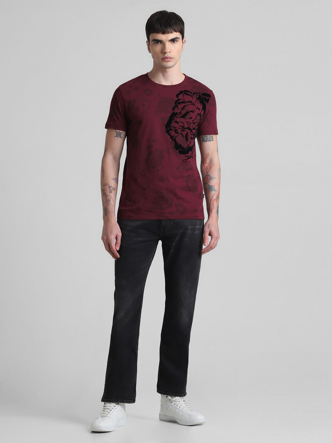 Maroon Floral Print Crew Neck T-shirt