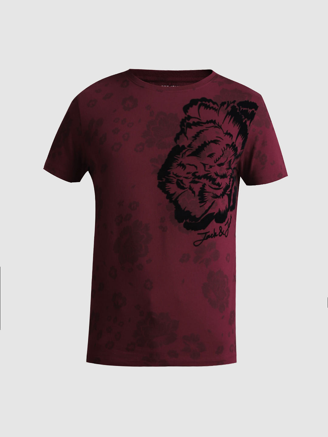Maroon Floral Print Crew Neck T-shirt