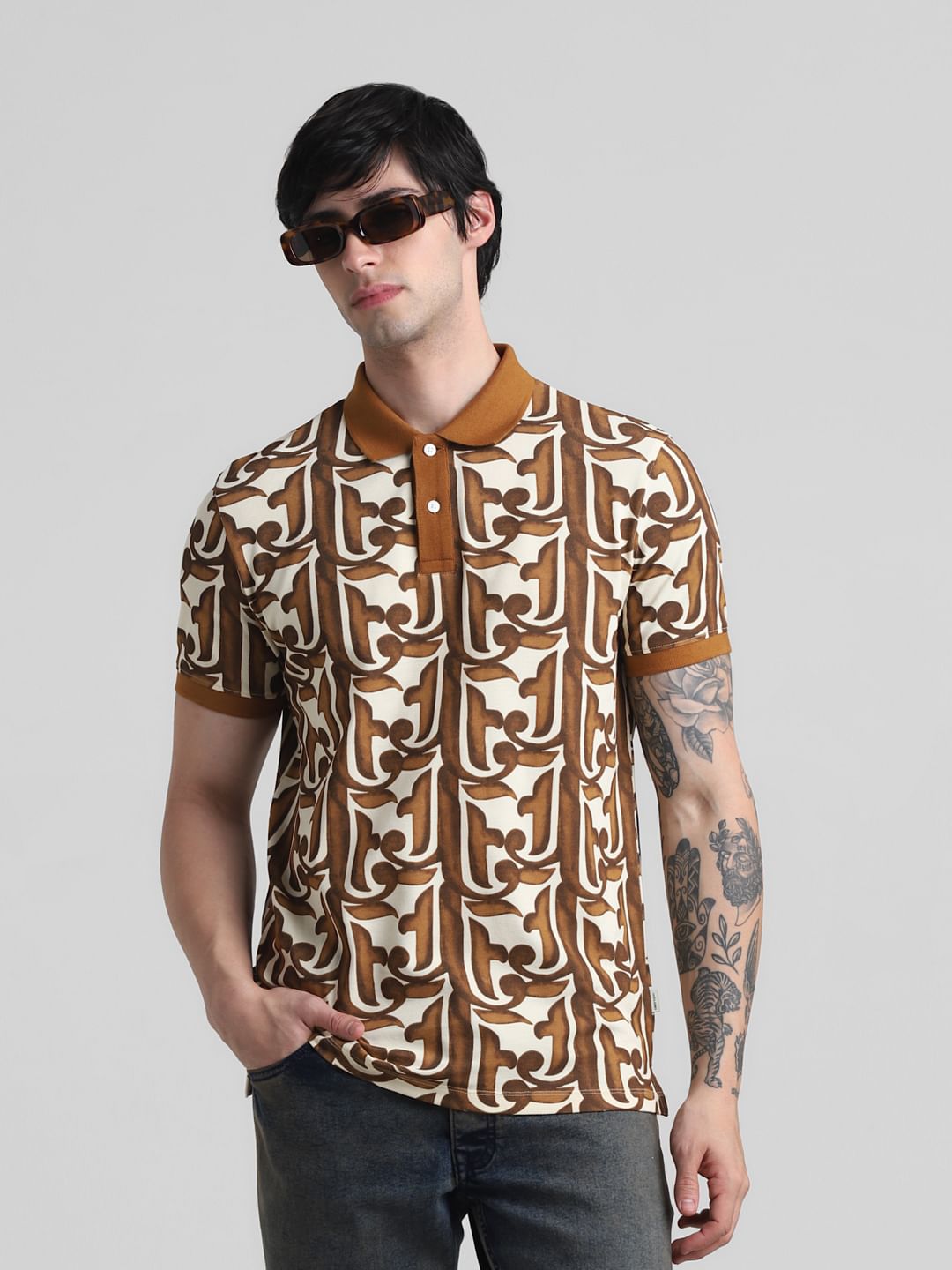 Brown Baroque Print Polo T-shirt - S