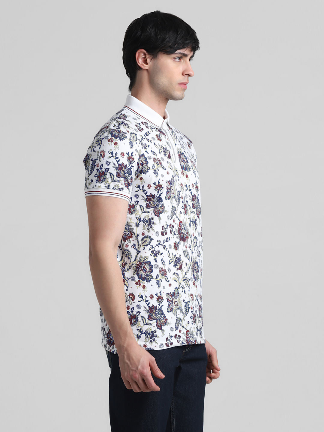 White Floral Print Polo T-shirt