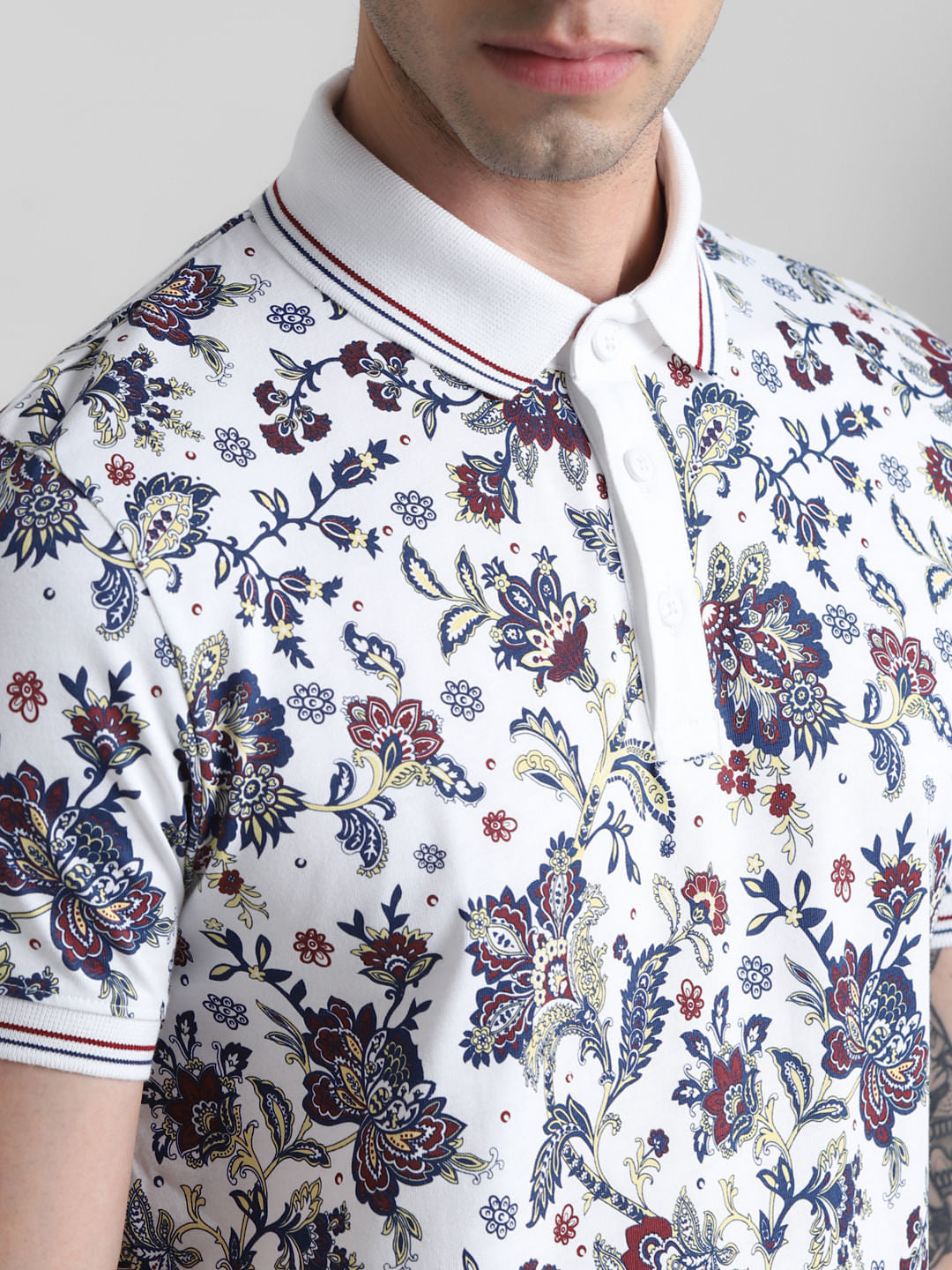 White Floral Print Polo T-shirt