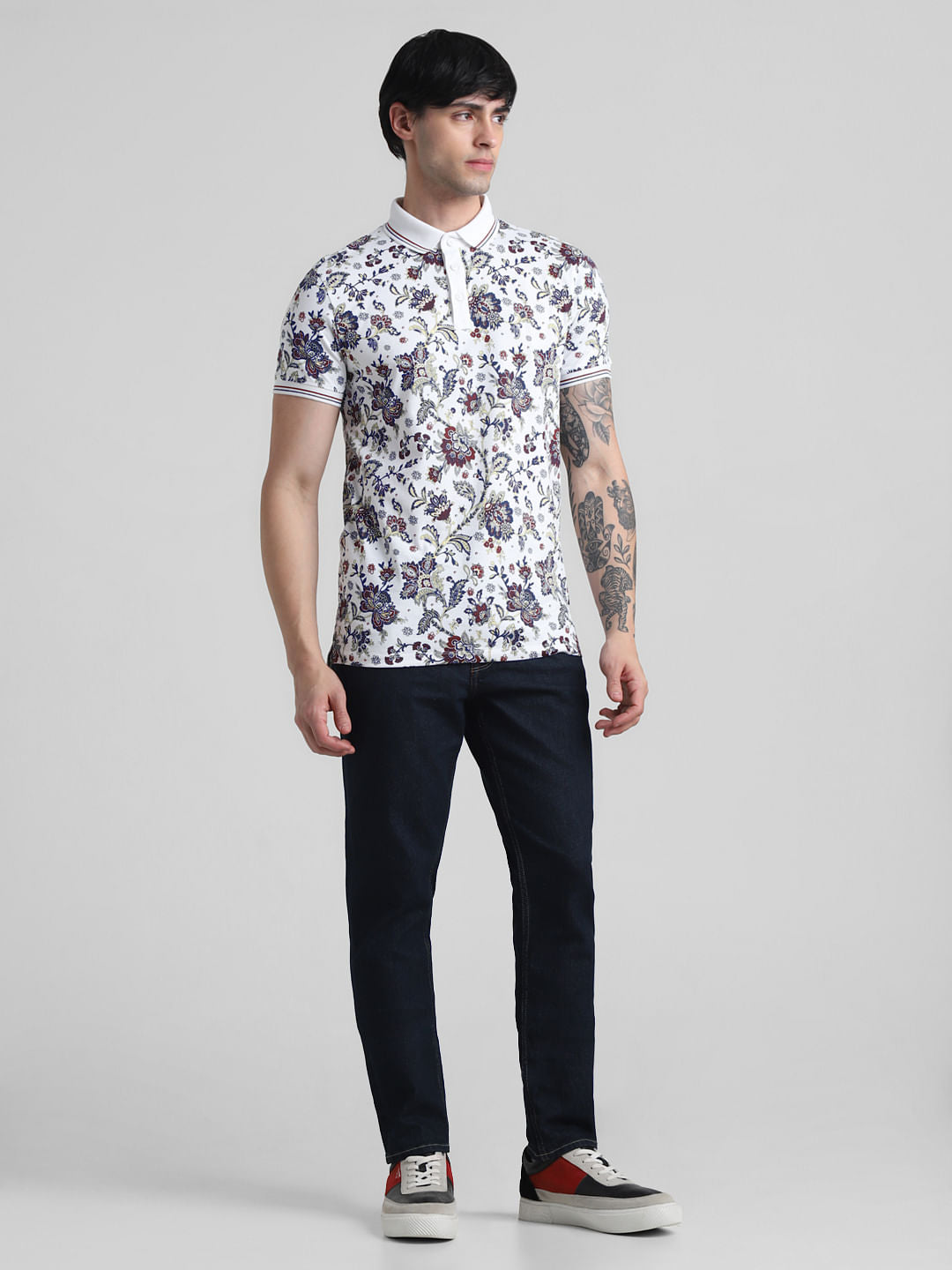 White Floral Print Polo T-shirt