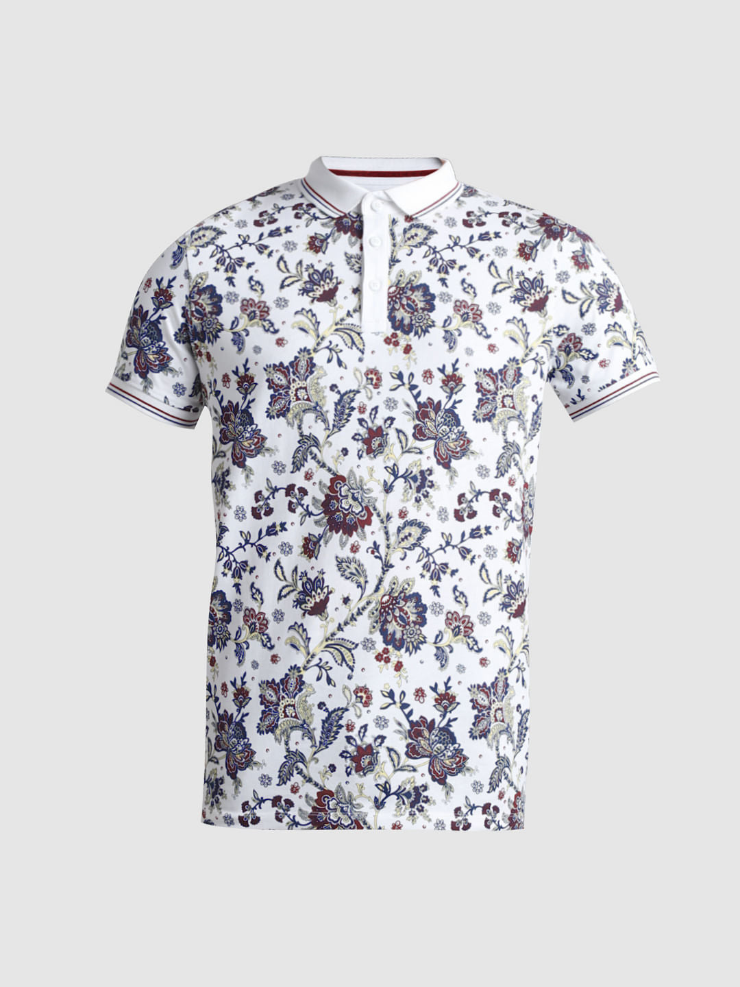 White Floral Print Polo T-shirt