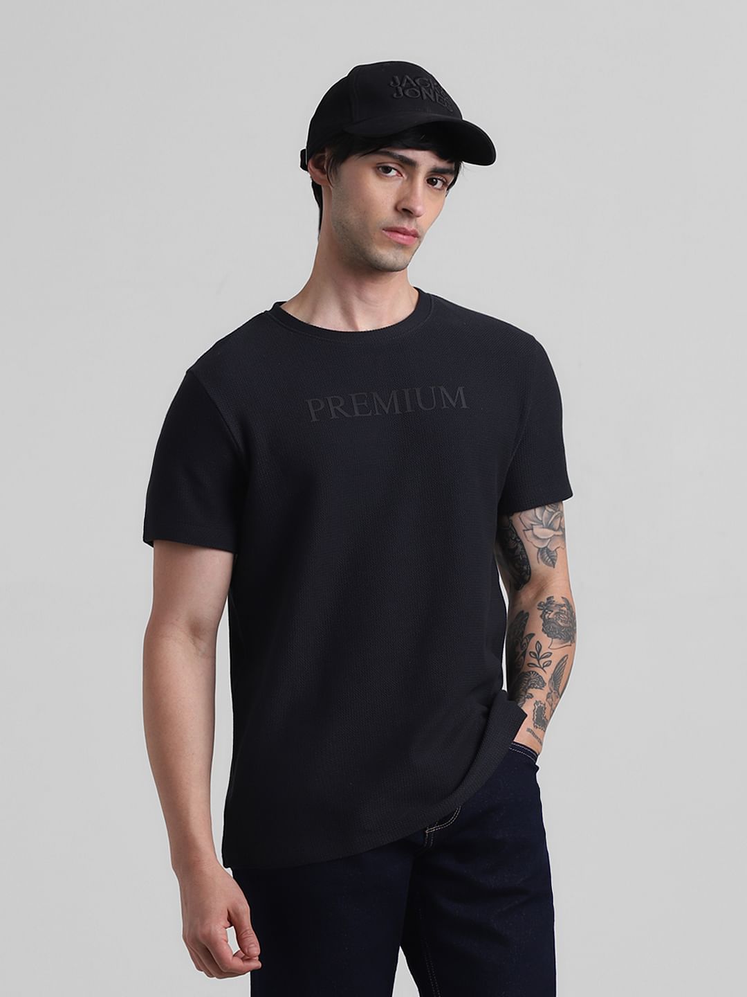 Navy Blue Text Print Crew Neck T-shirt - S