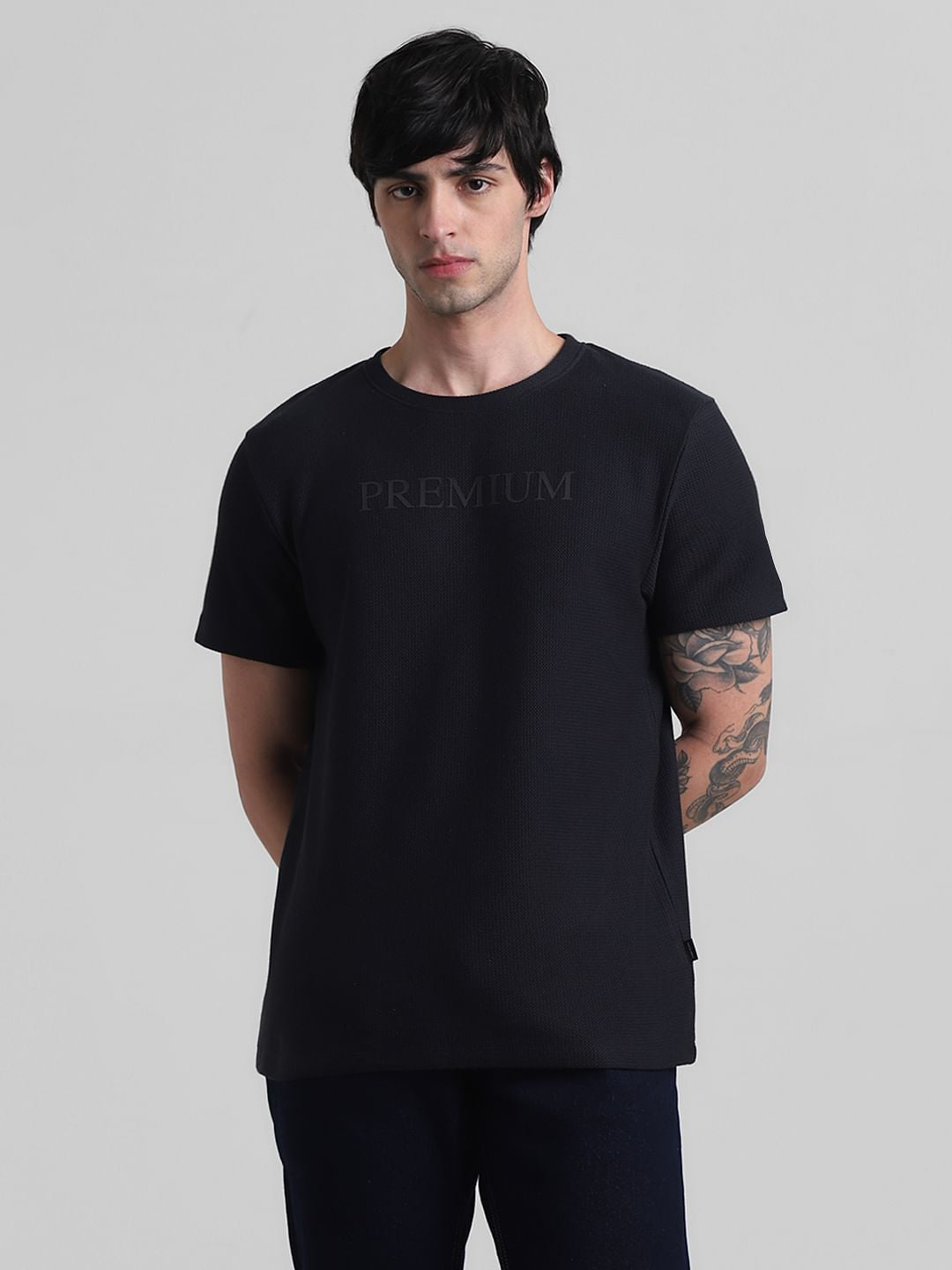 Navy Blue Text Print Crew Neck T-shirt