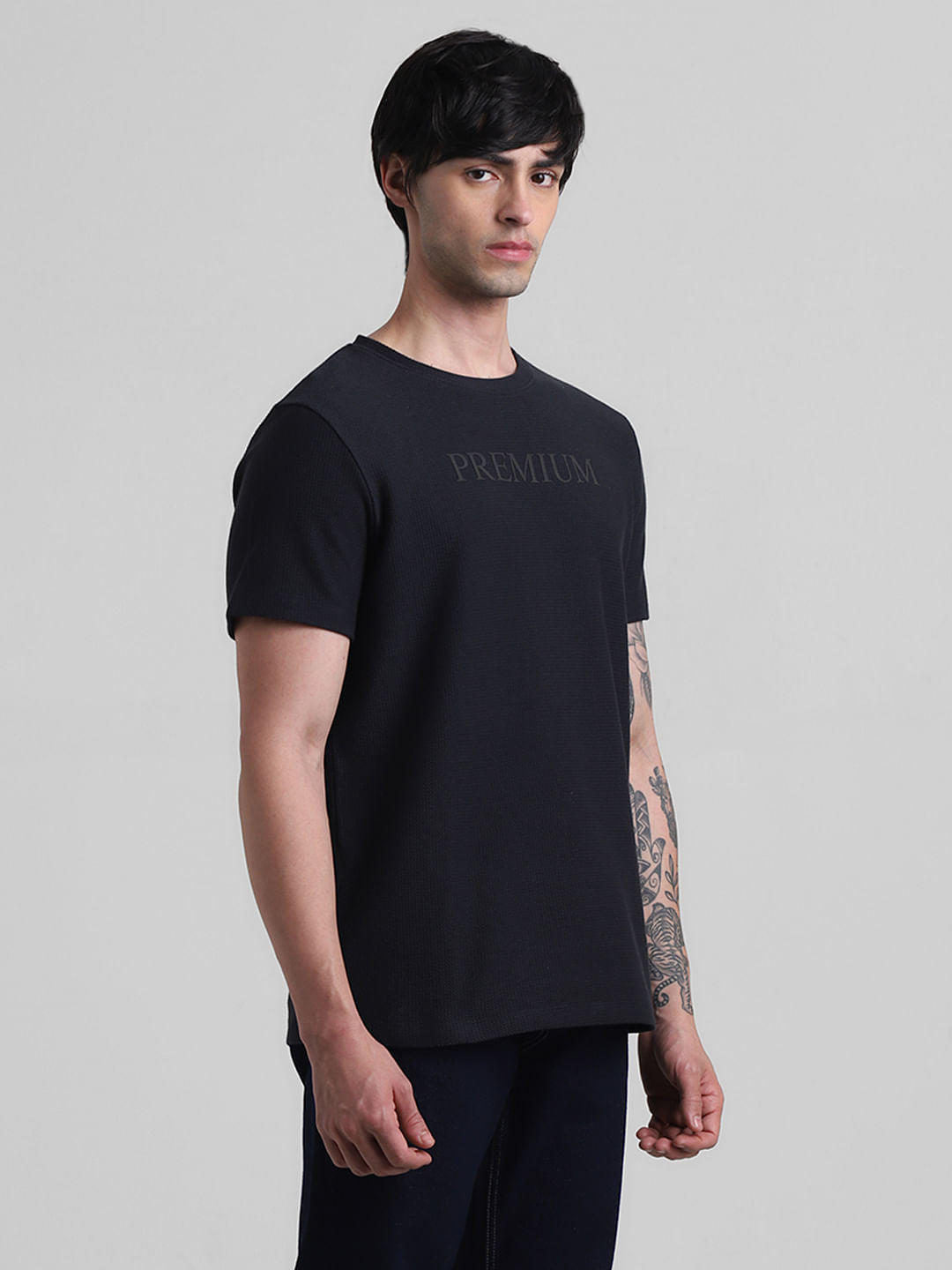 Navy Blue Text Print Crew Neck T-shirt