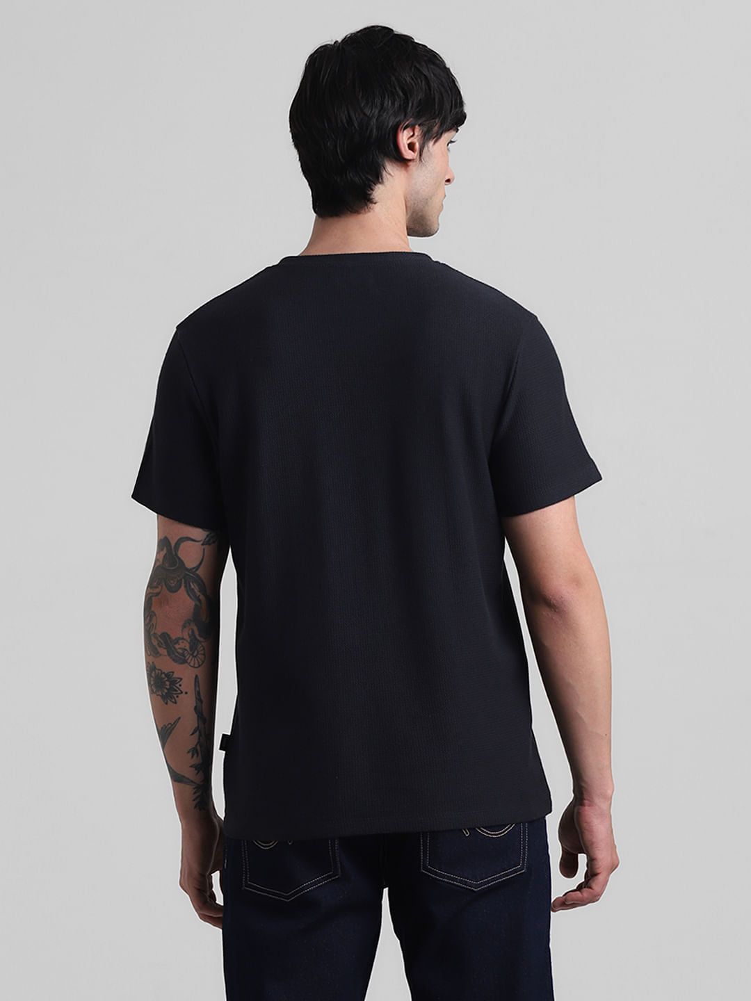 Navy Blue Text Print Crew Neck T-shirt