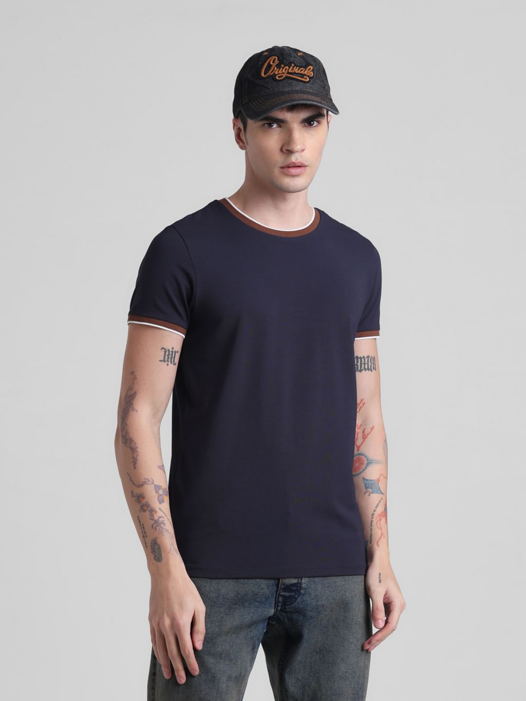 Blue Contrast Tipping Crew Neck T-shirt - S