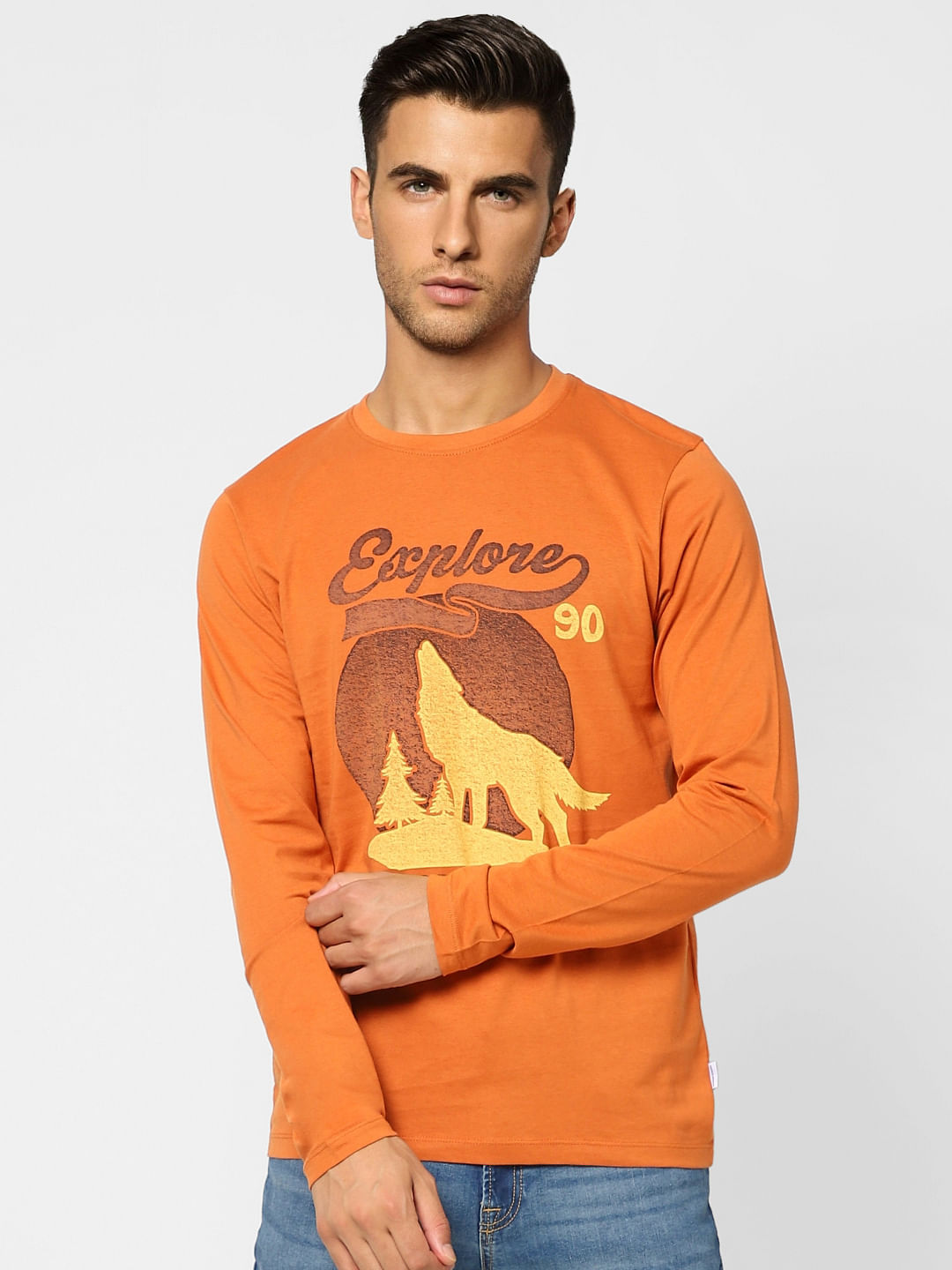 Orange Printed Crew Neck T-shirt