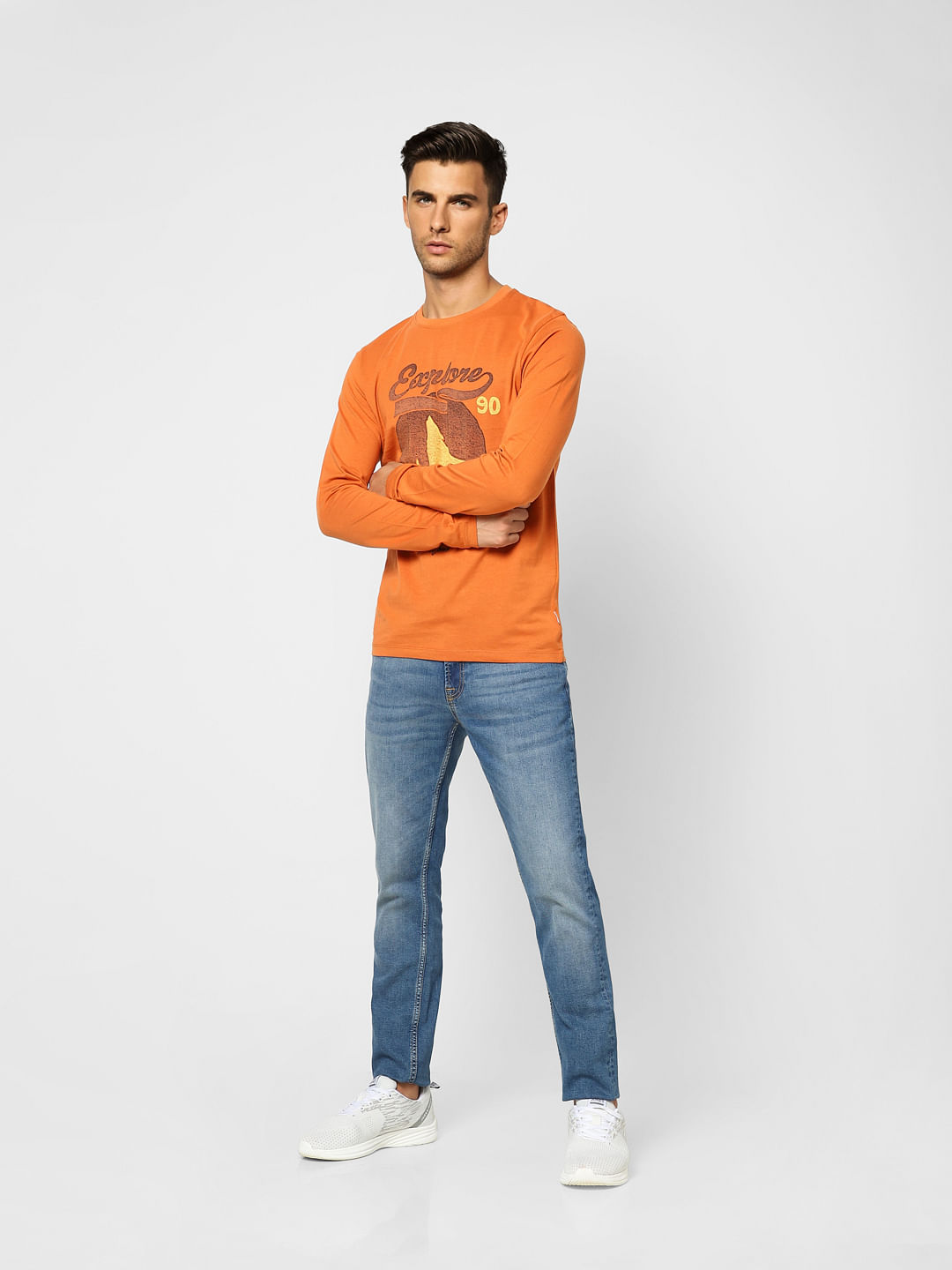 Orange Printed Crew Neck T-shirt