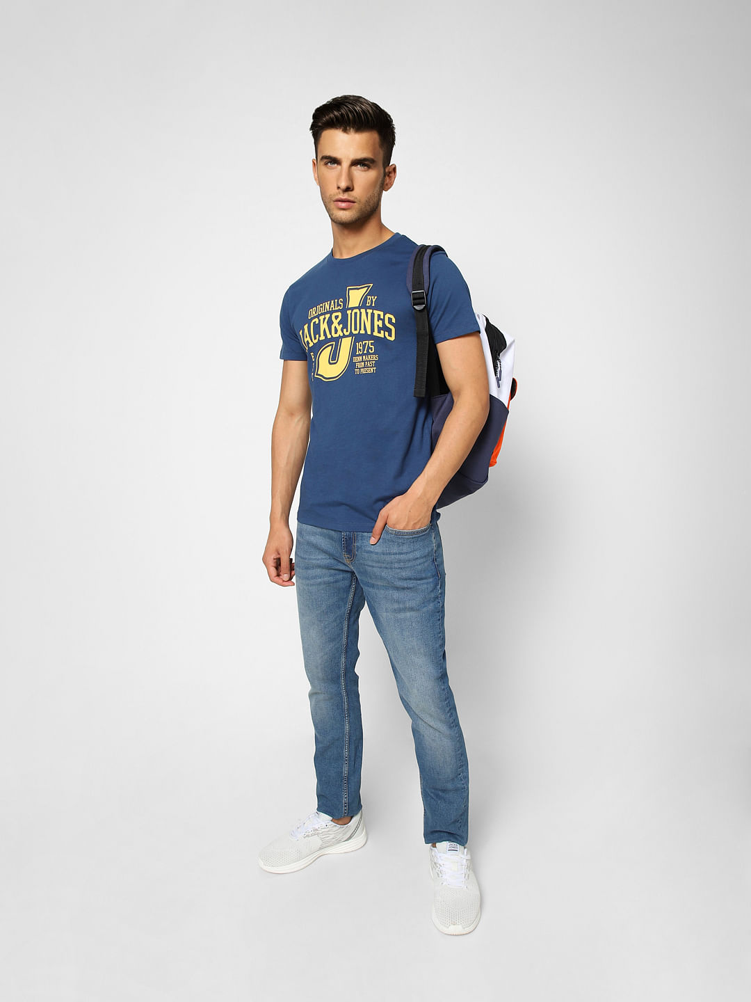 Blue Typographic Print Crew Neck T-shirt - S