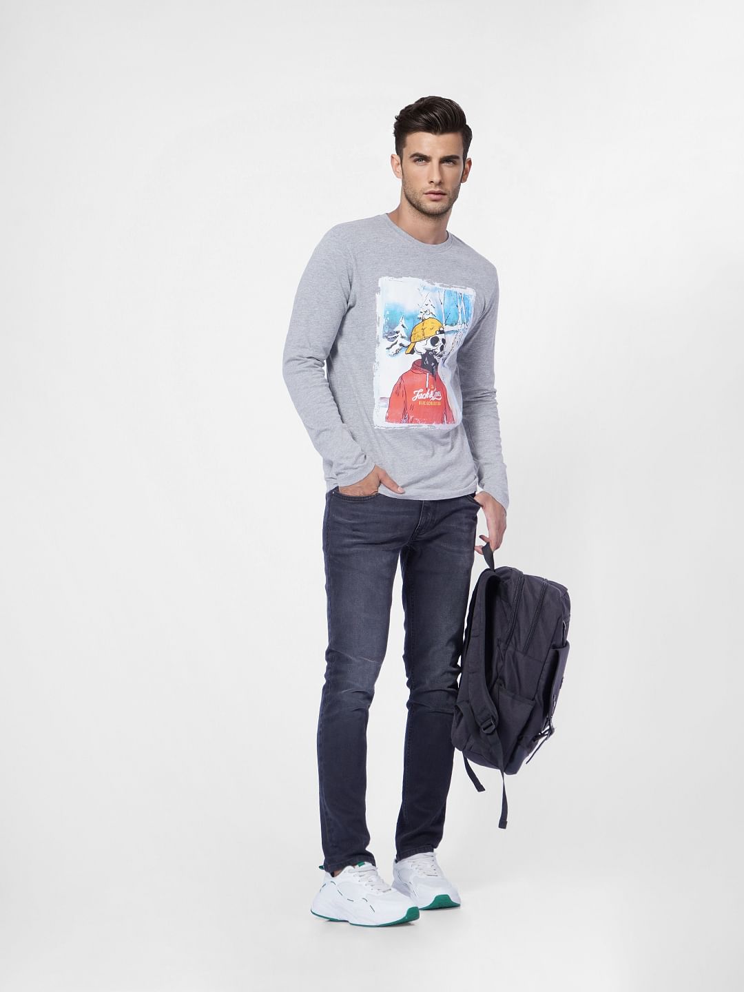 Light Grey Graphic Print Crew Neck T-shirt - S