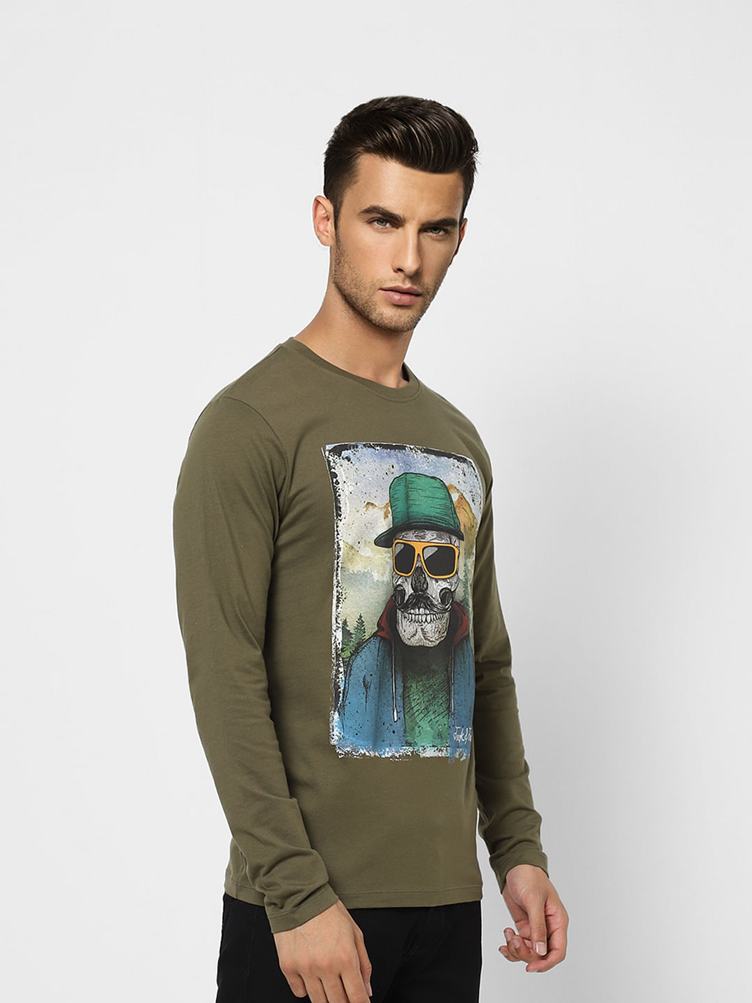 Olive Graphic Print Crew Neck T-shirt