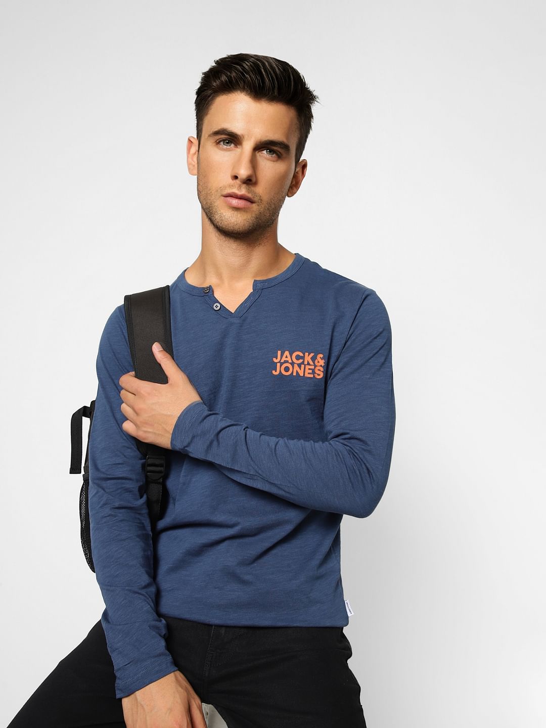 Blue Logo Print Henley T-shirt - S