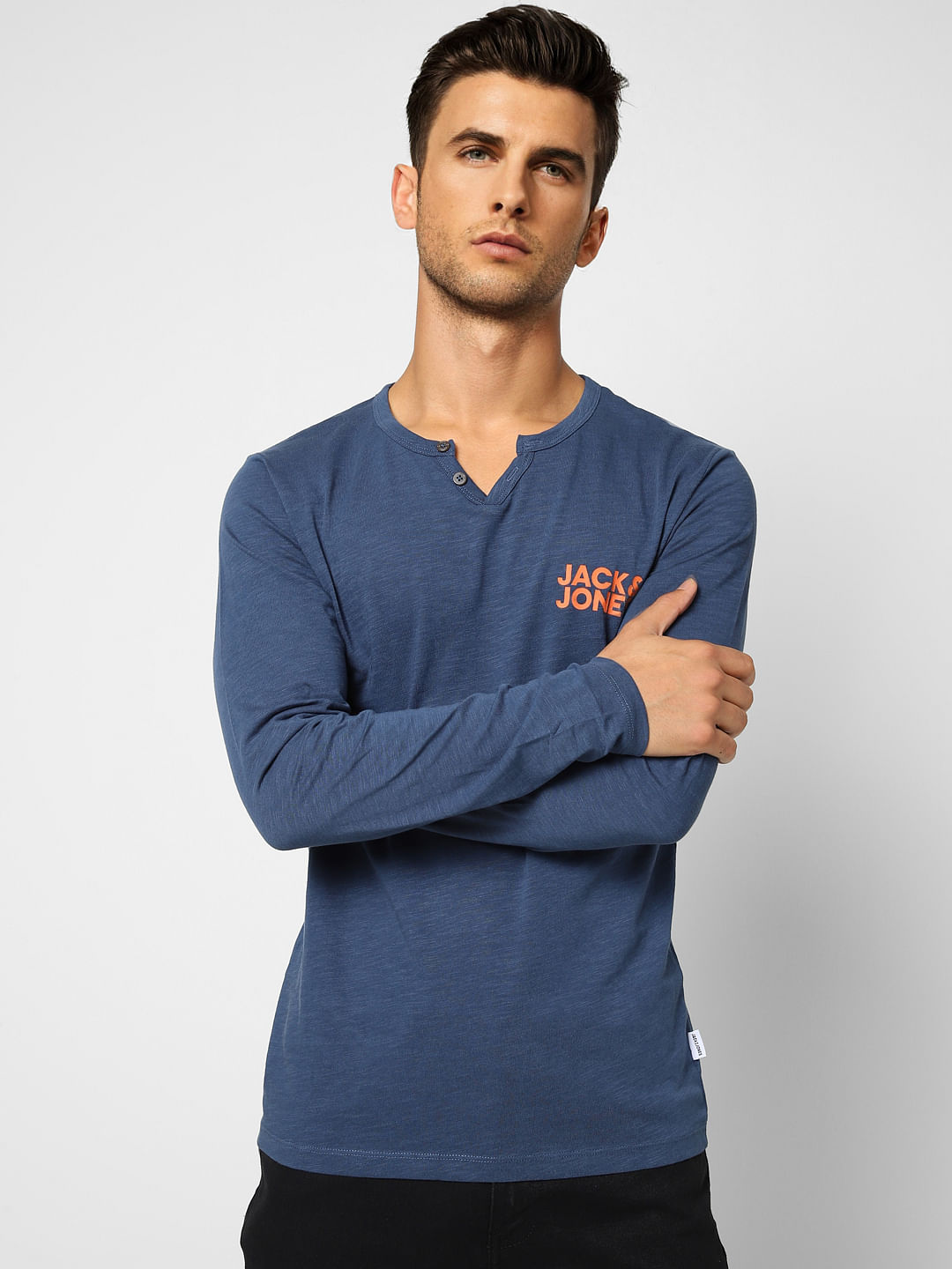 Blue Logo Print Henley T-shirt
