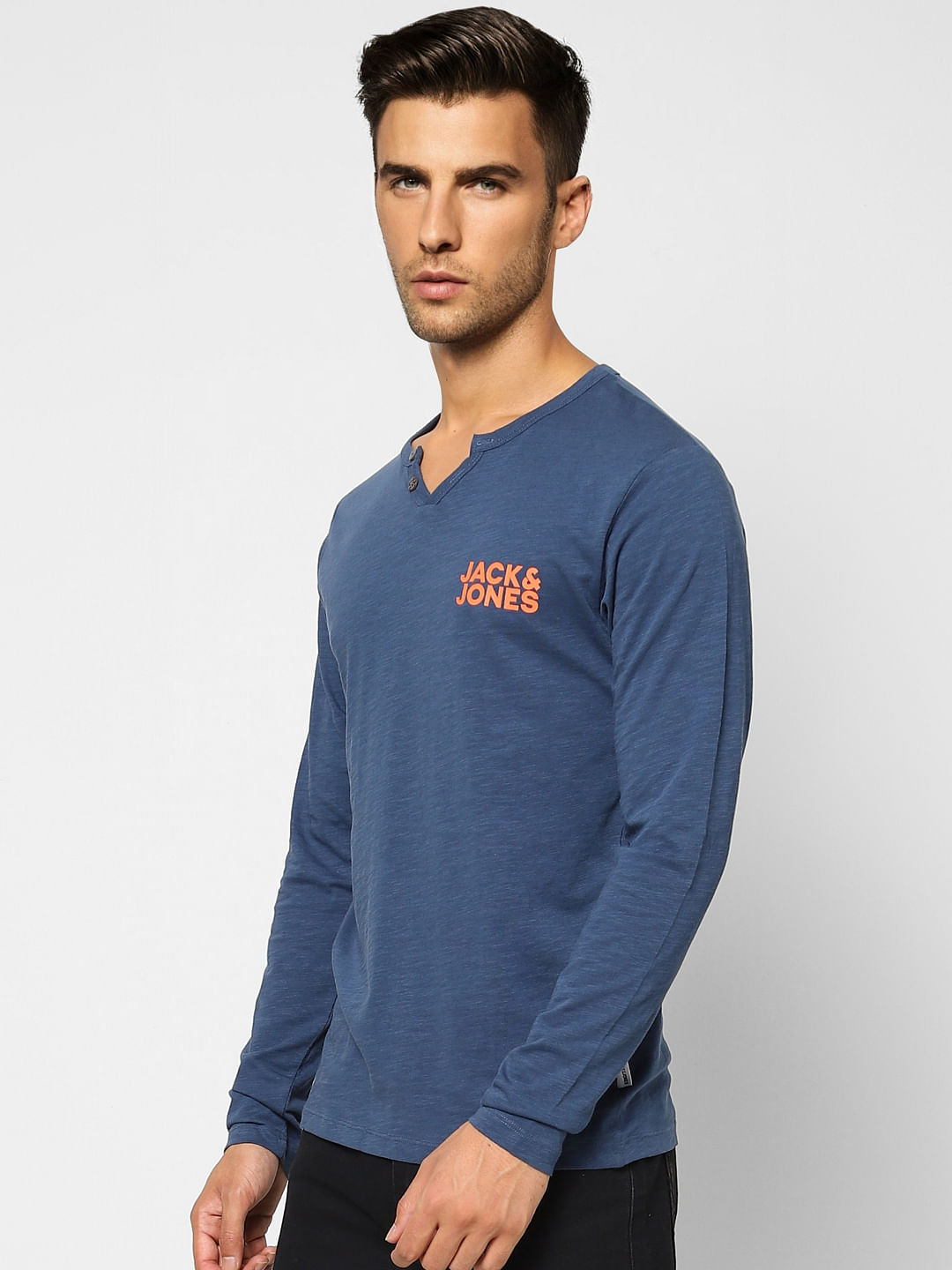 Blue Logo Print Henley T-shirt
