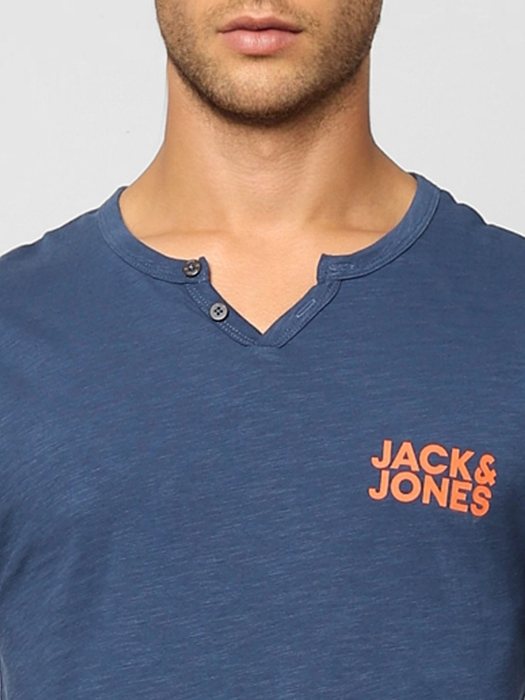 Blue Logo Print Henley T-shirt