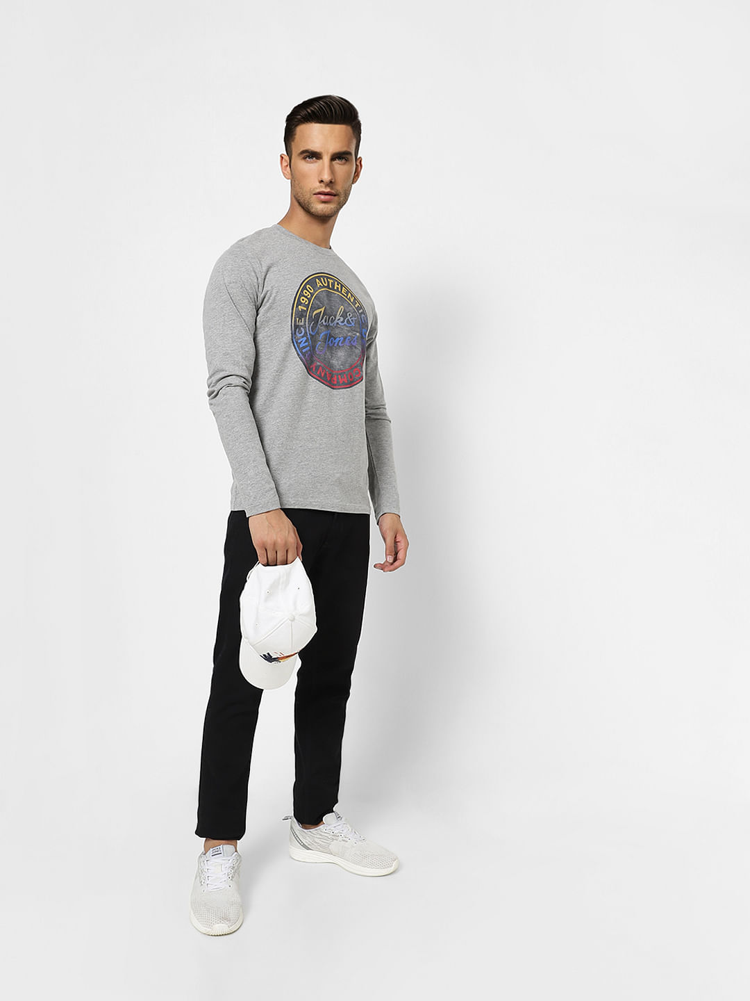 Grey Typographic Print Crew Neck T-shirt - S
