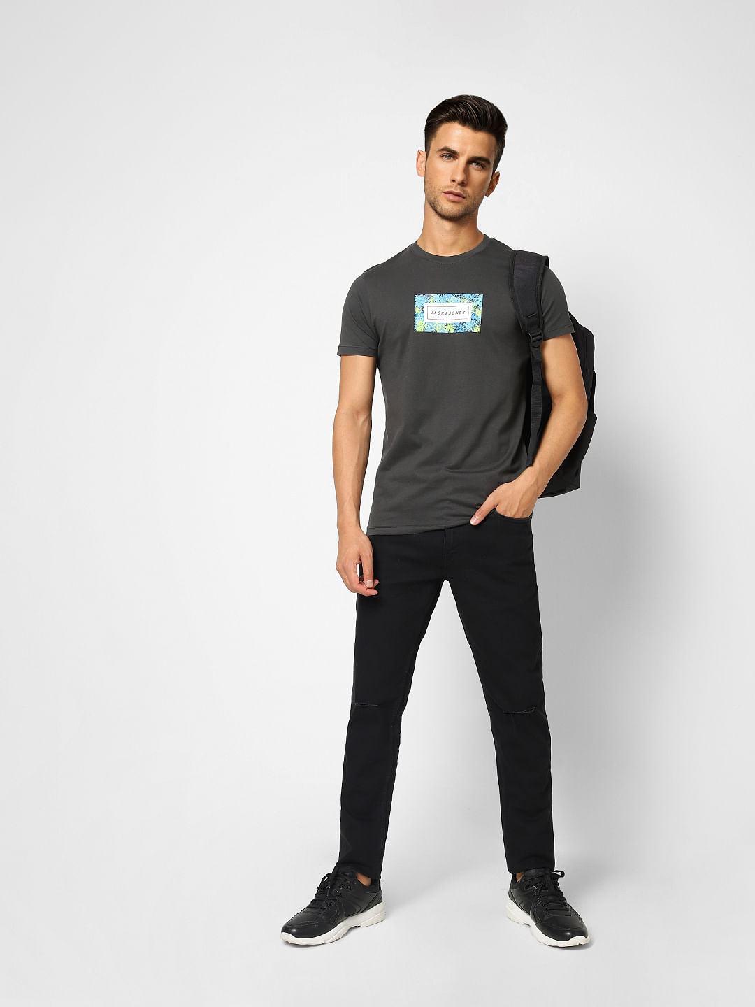 Black Logo Print Crew Neck T-shirt - S
