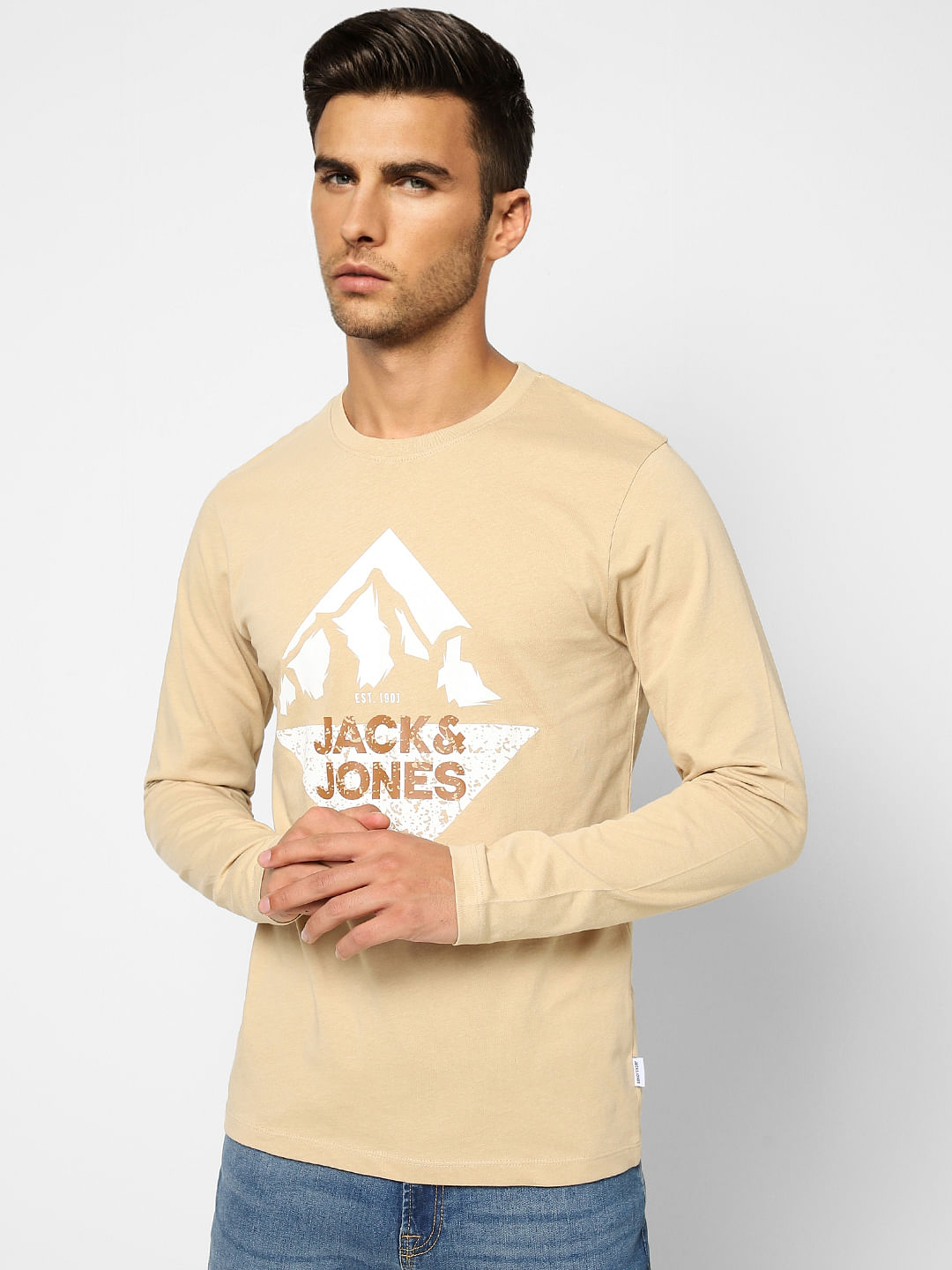 Beige Graphic Print Crew Neck T-shirt