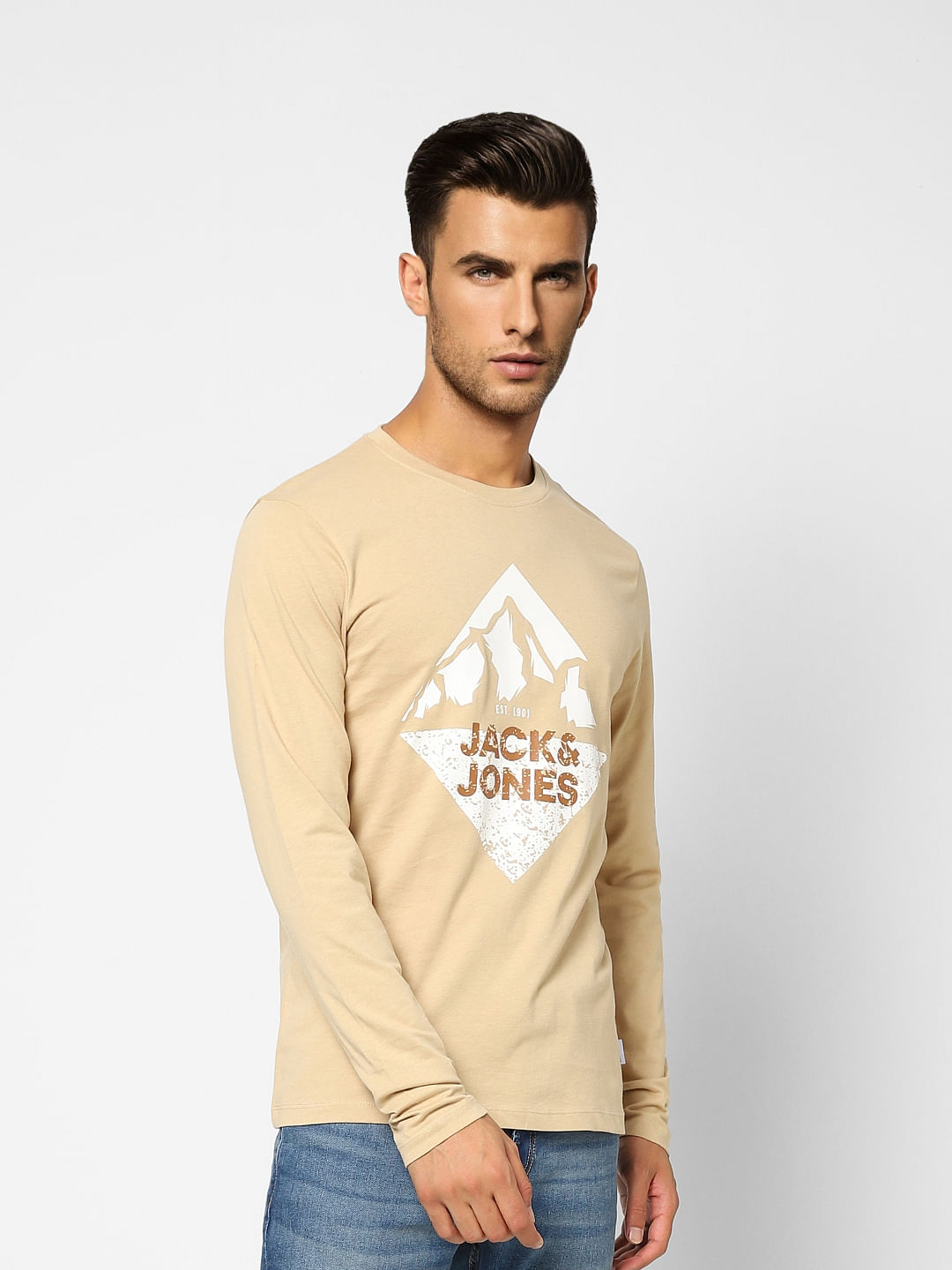 Beige Graphic Print Crew Neck T-shirt