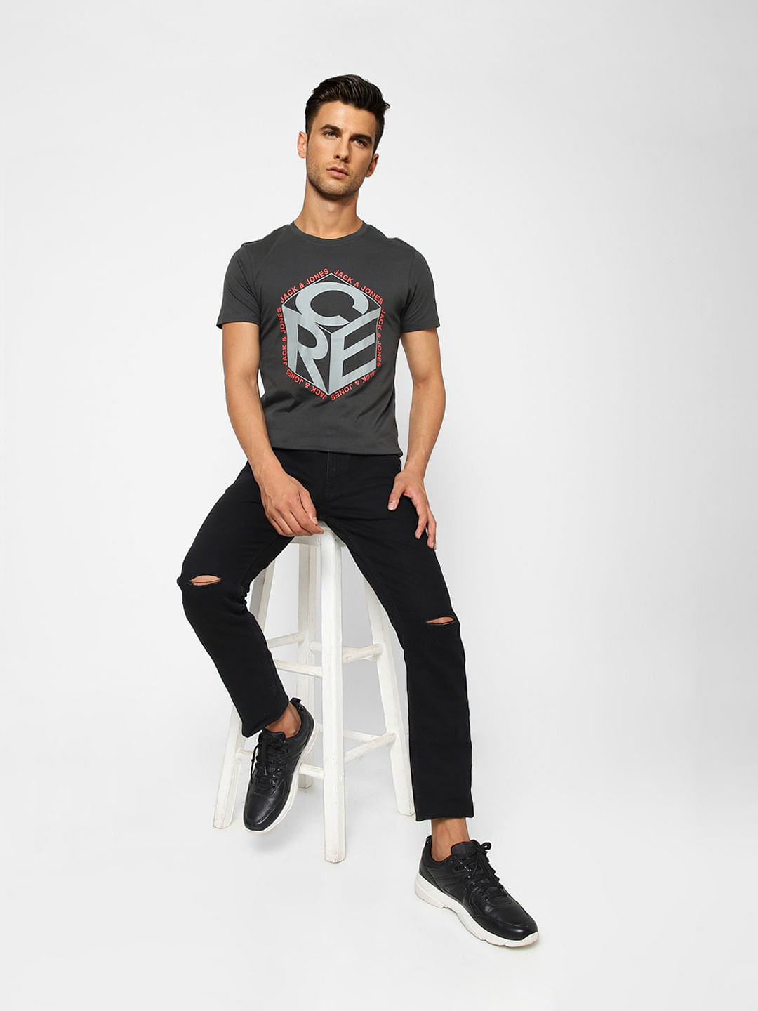 Black Typographic Print Crew Neck T-shirt - S