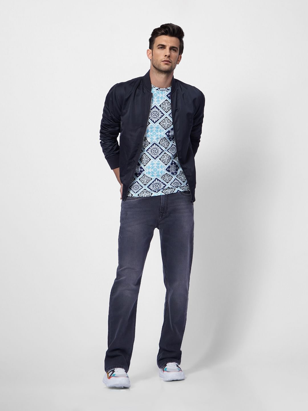 Blue Abstract Print Crew Neck T-shirt - S