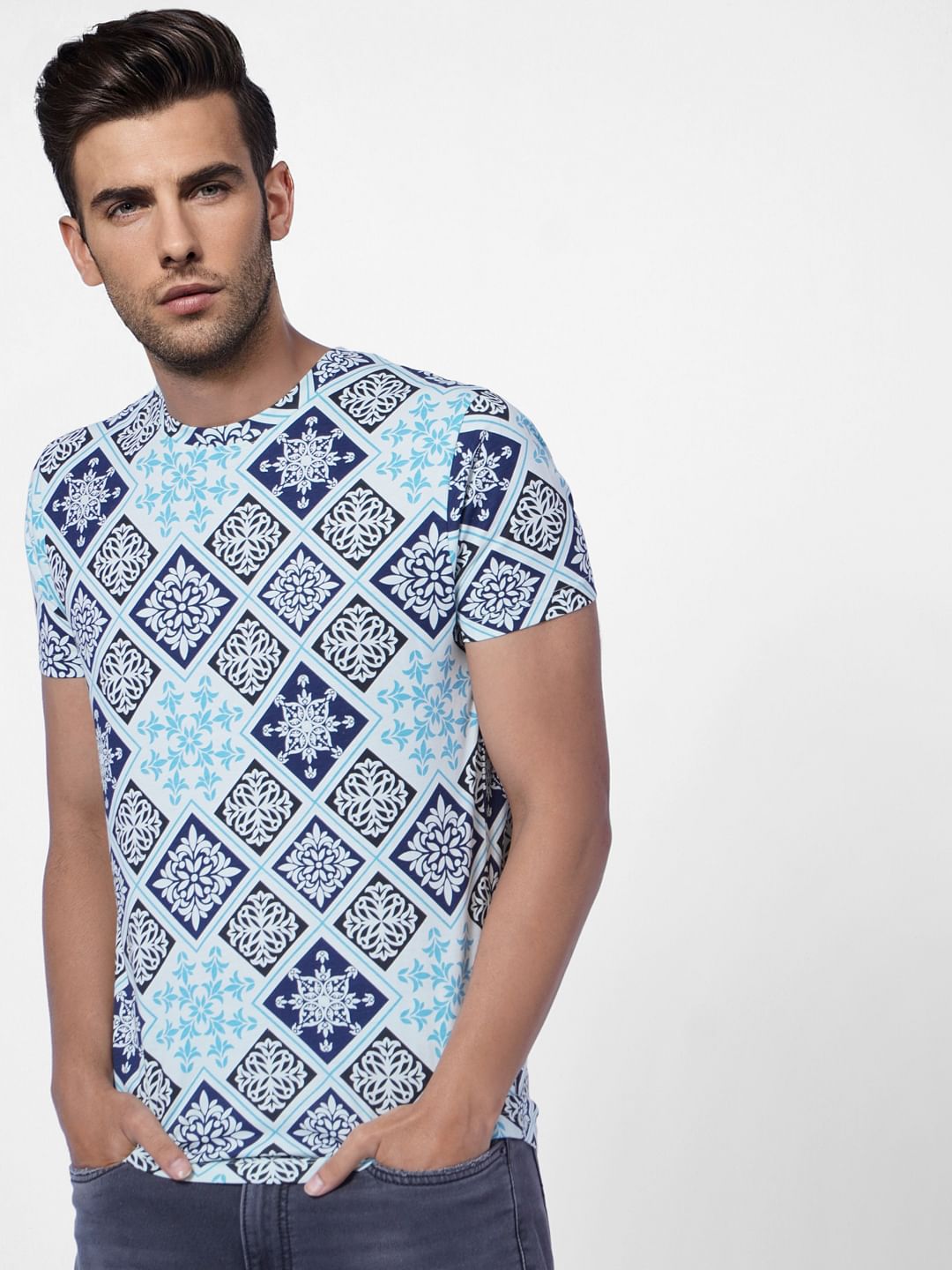 Blue Abstract Print Crew Neck T-shirt