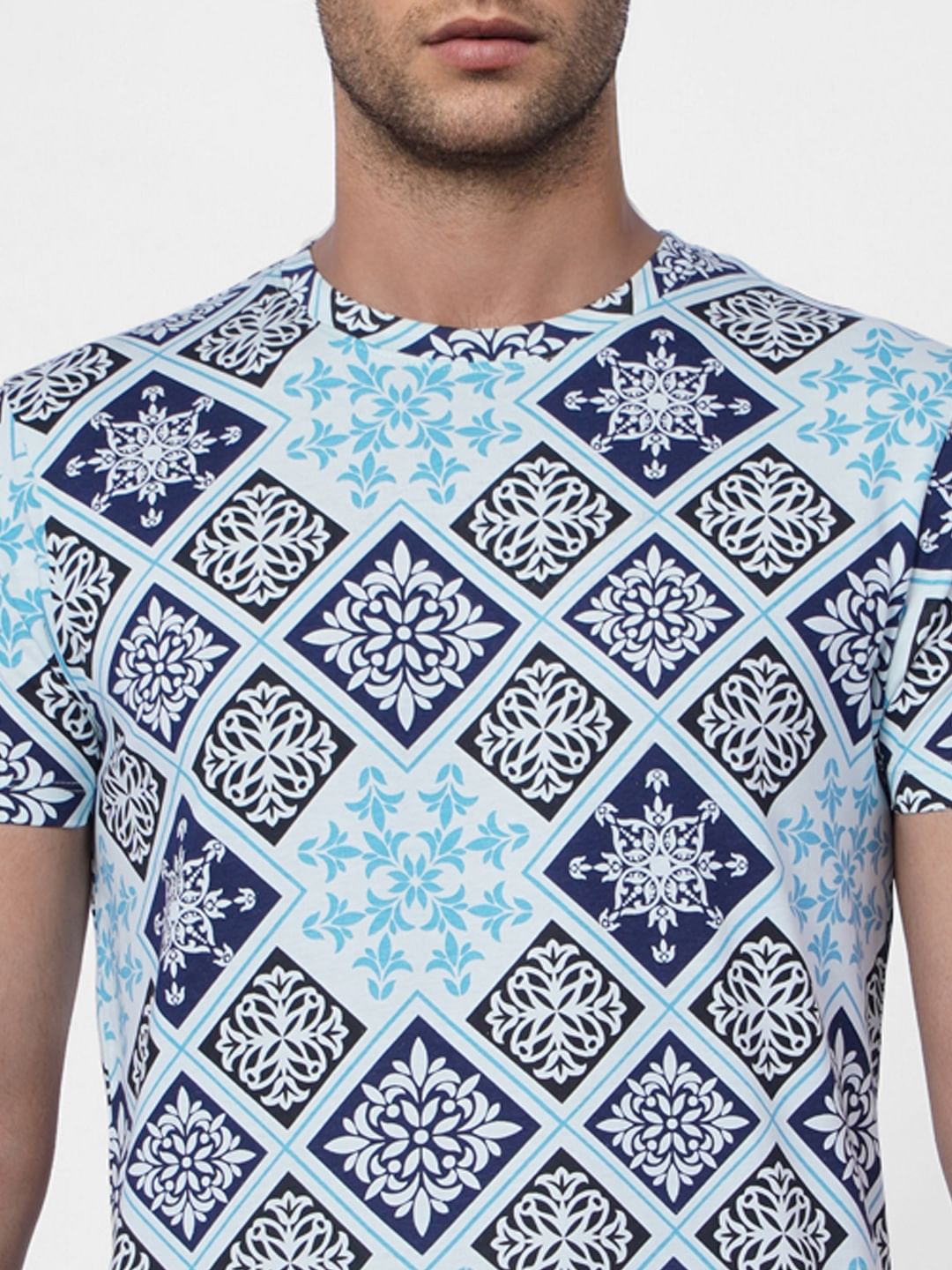 Blue Abstract Print Crew Neck T-shirt